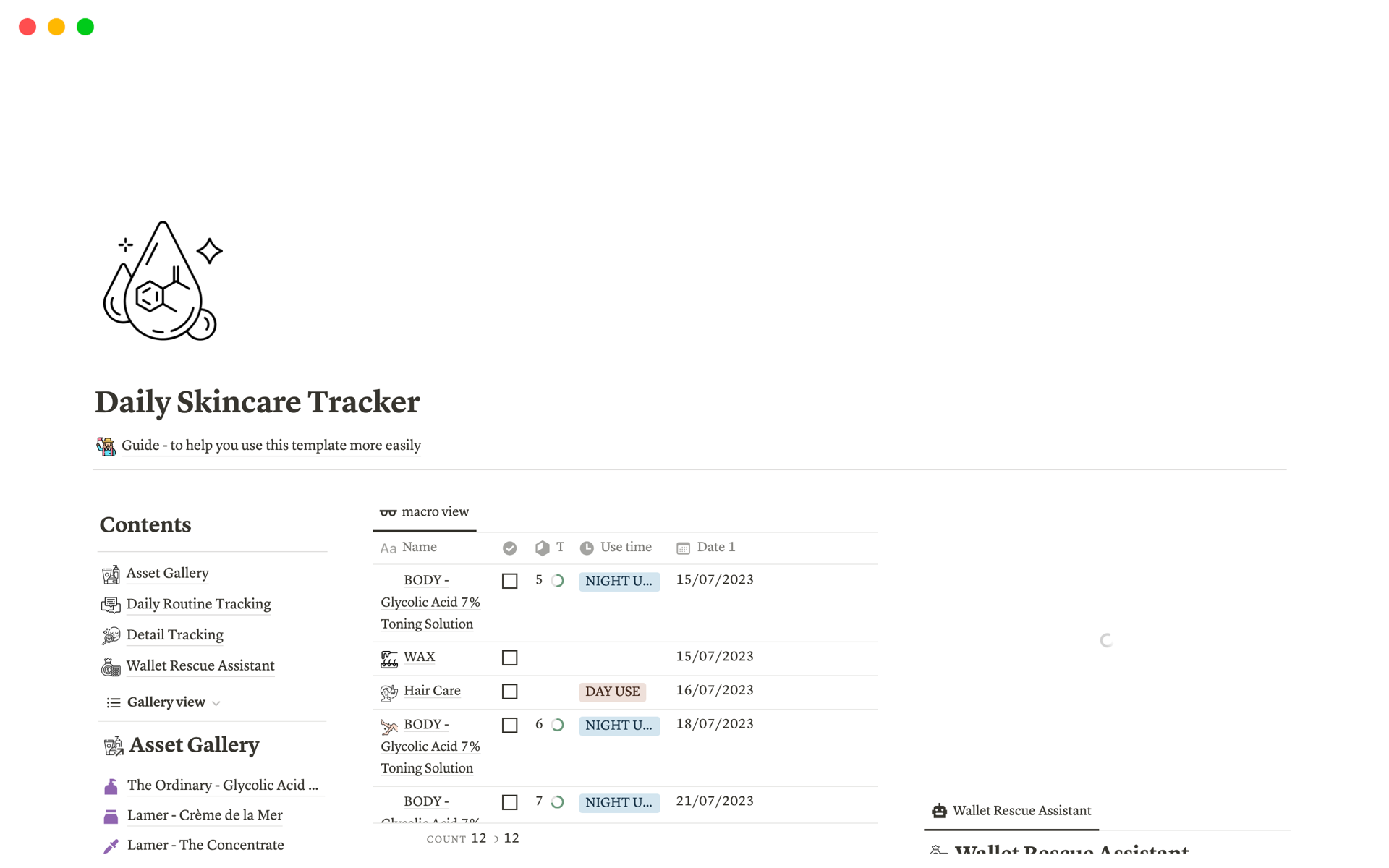 The Daily Skincare Tracker is a customizable Notion template that helps users keep track of their skincare routine, product usage, expenses, and progress.