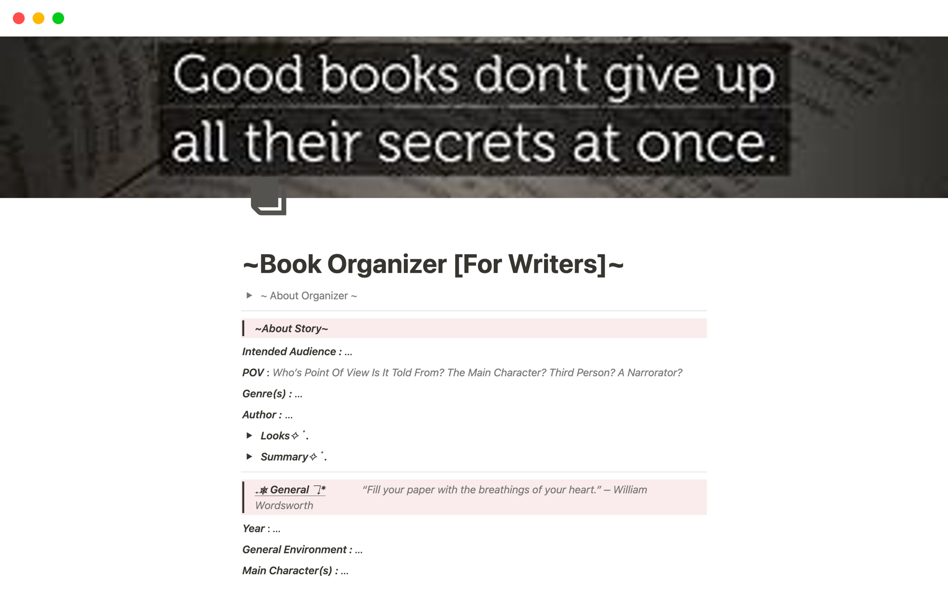 A template preview for Book Organizer [For Writers]