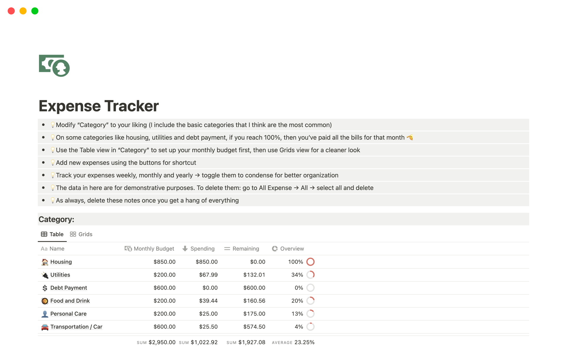 Vista previa de una plantilla para Expense Tracker