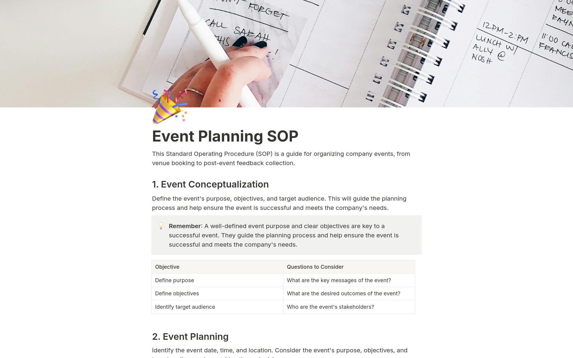 Uma prévia do modelo para Event Planning SOP