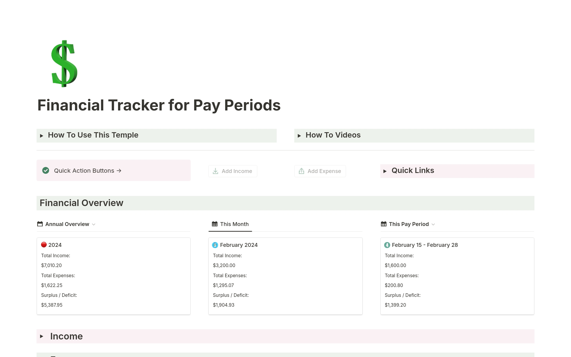 Financial Tracker, complete with video instruction, for managing your income and spending by year, month, and pay period.