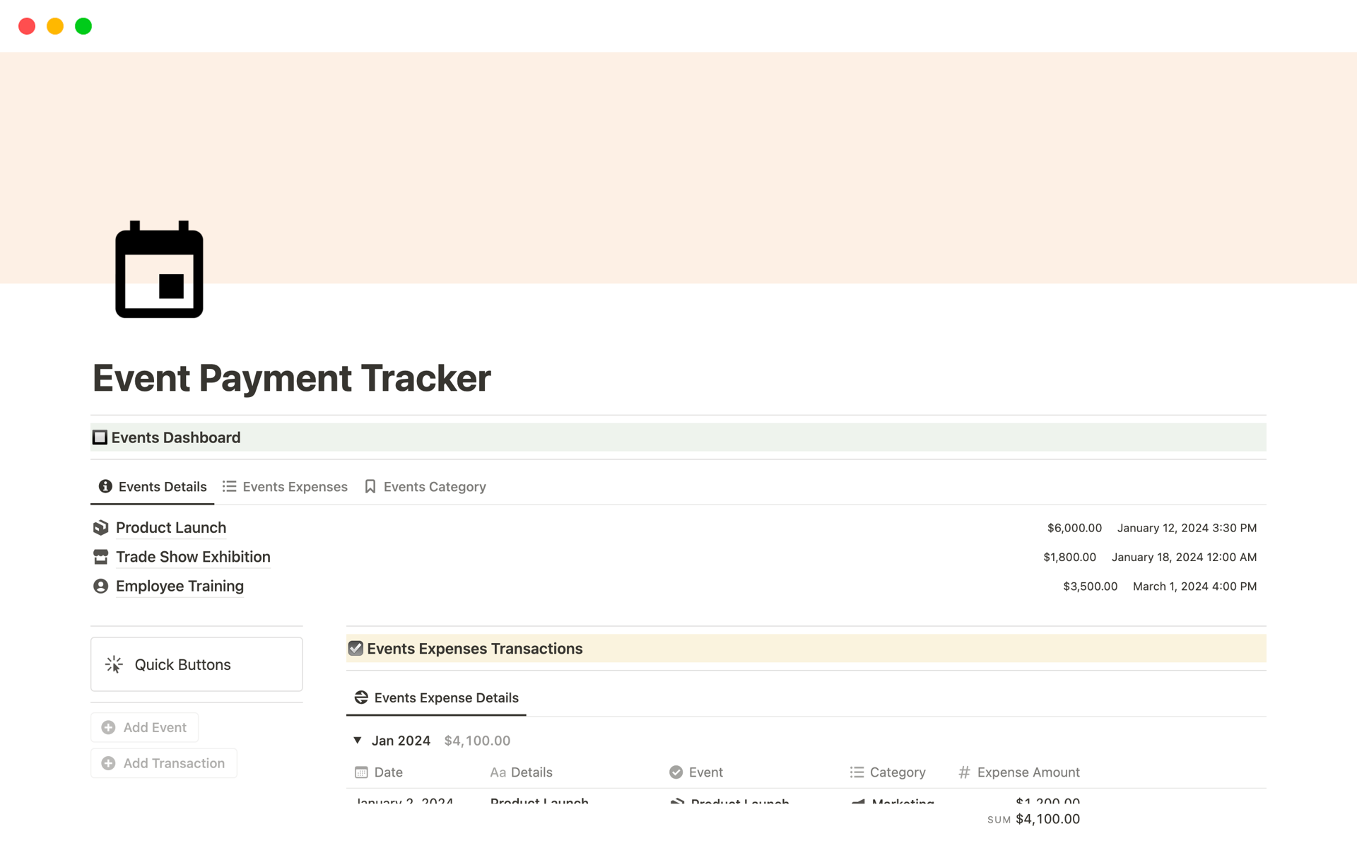 A template preview for Event Payment Tracker