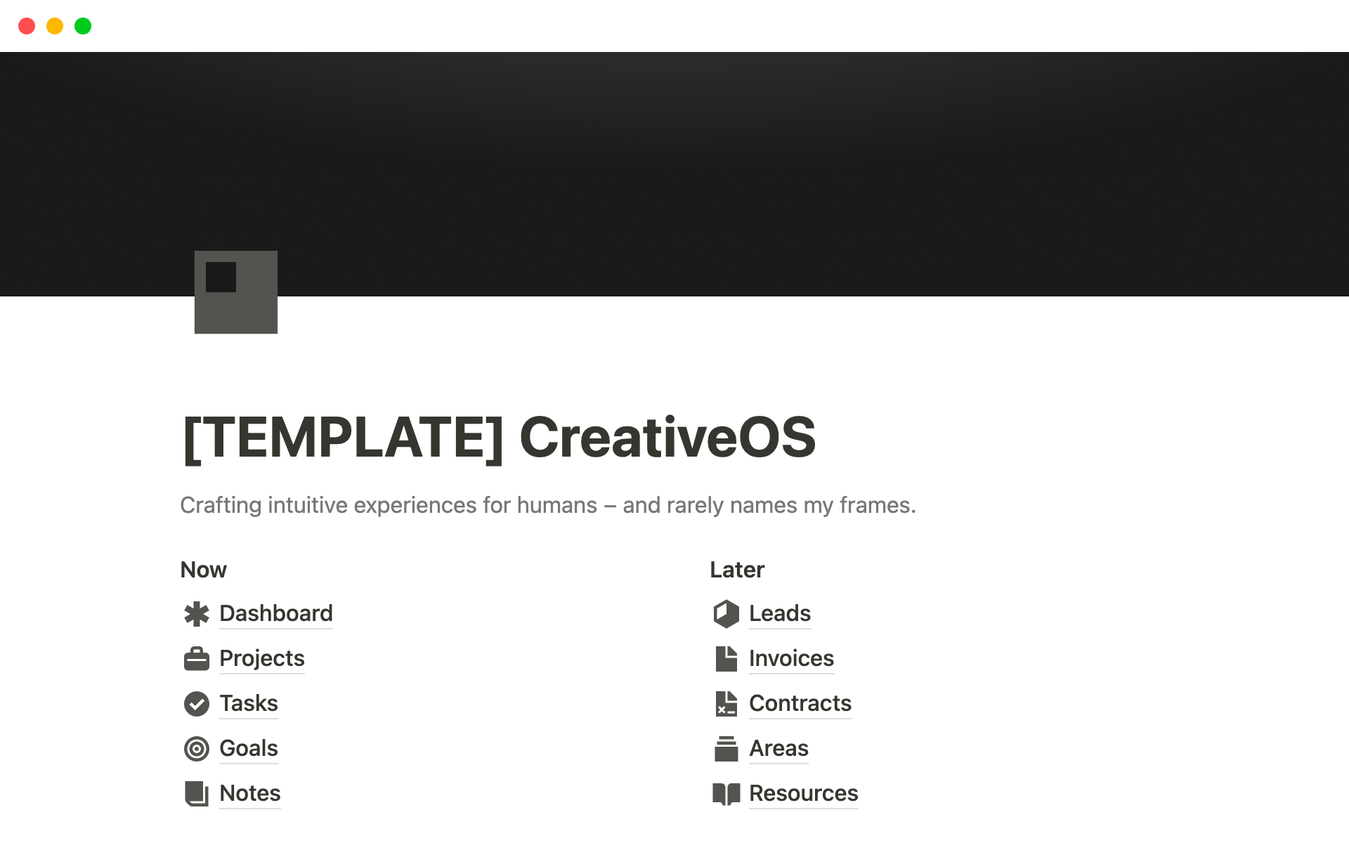 A template preview for CreativeOS
