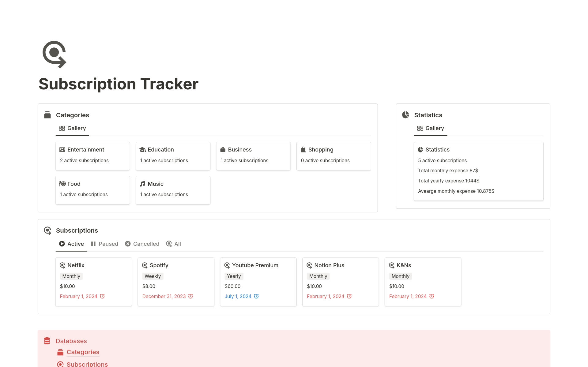 A template preview for Minimal Subscription Tracker