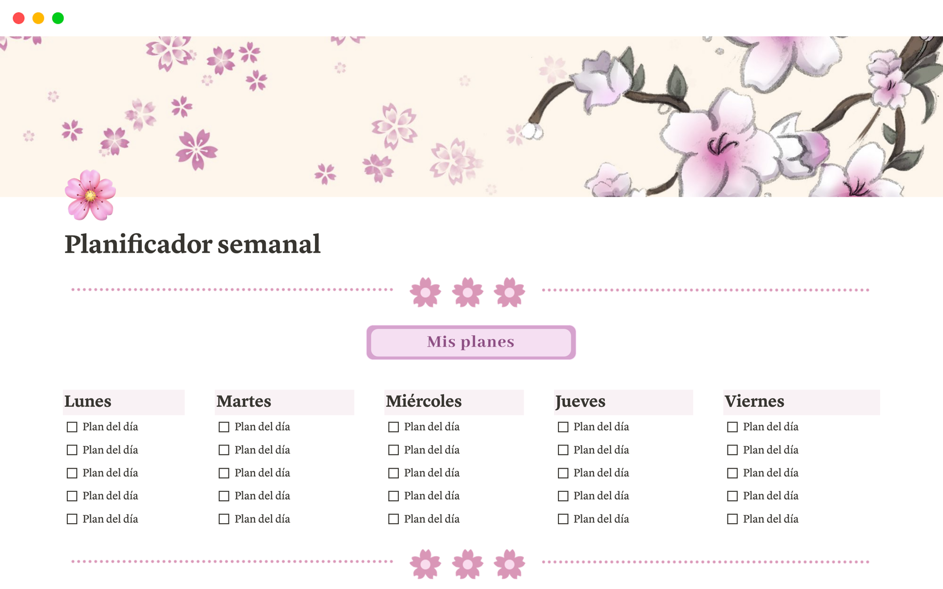 Planificador semanal de estética japonesa con flores Sakura.