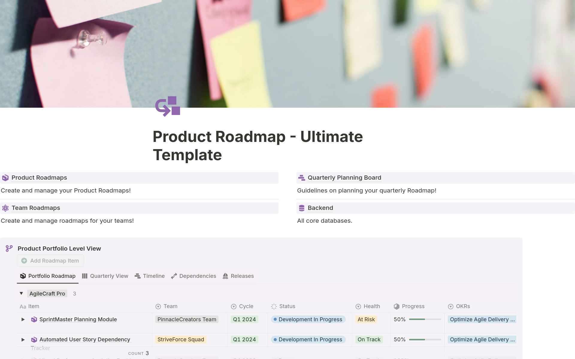 A template preview for Product Roadmap Planner