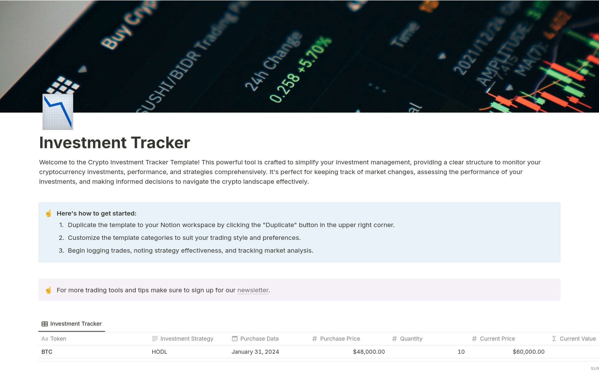 Discover a streamlined way to manage your crypto investments with our Crypto Investment Tracker Template. Efficiently monitor performance, track market trends, and strategize for success.