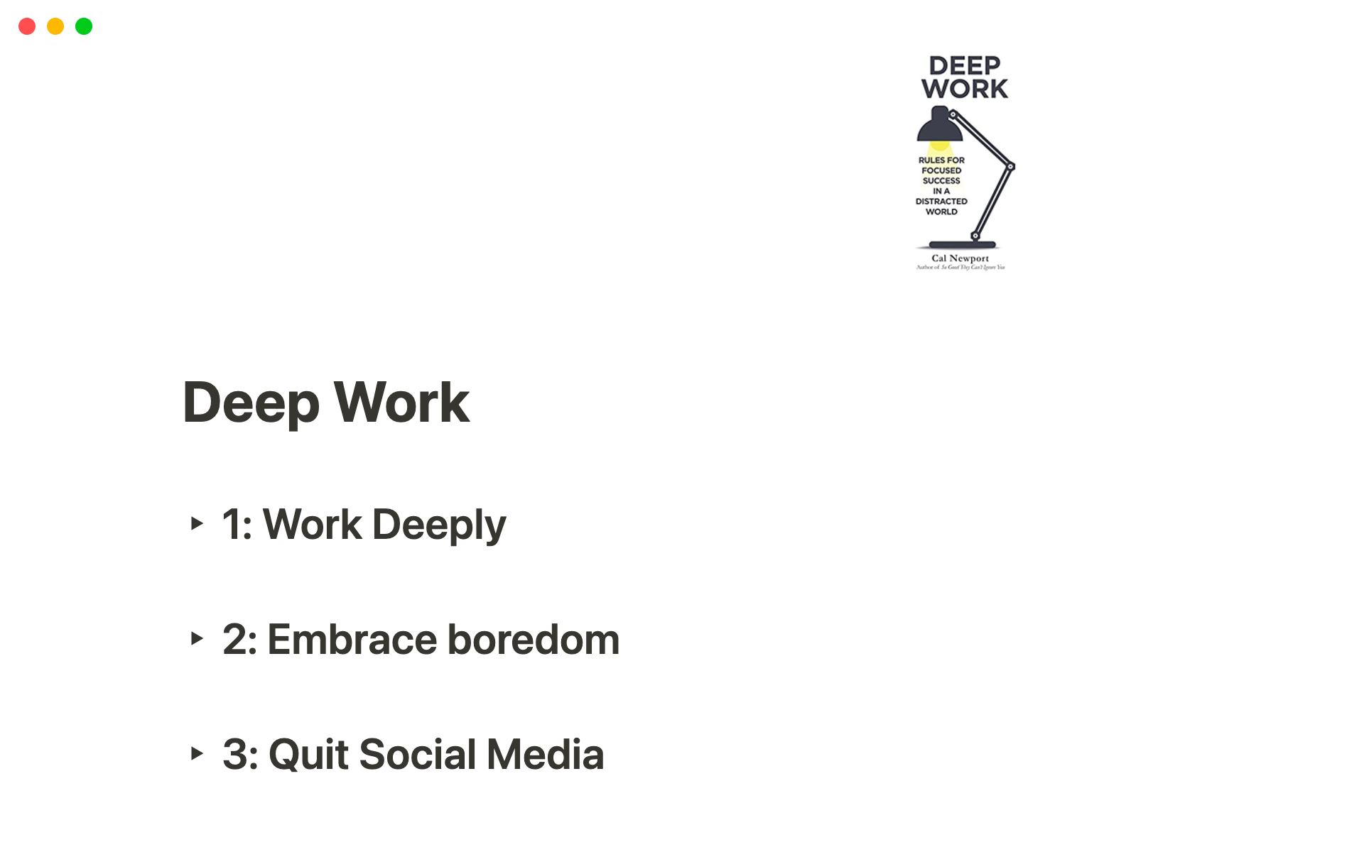 A concise summary of "Deep Work" by Cal Newport, organized by chapter and sub-chapter for easy navigation.