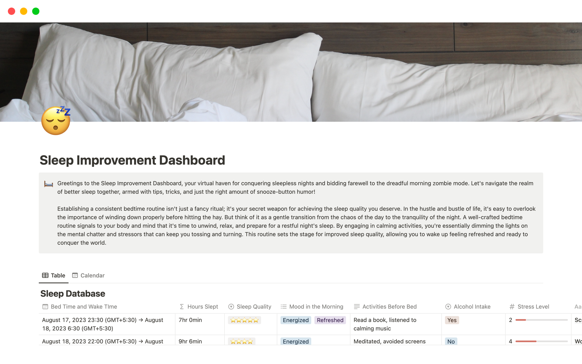 A template preview for Sleep Improvement Dashboard