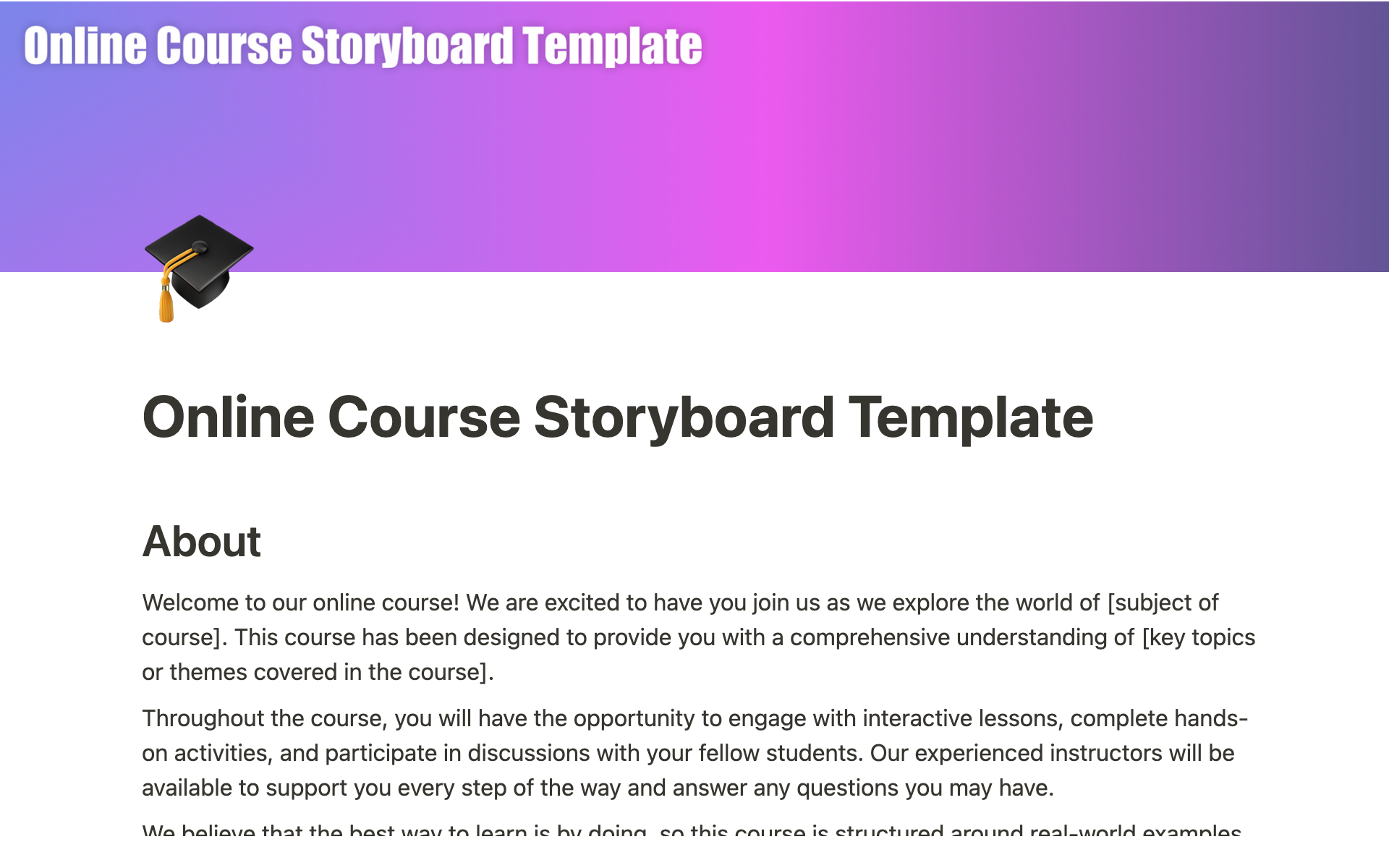 Vista previa de una plantilla para Online Course Storyboard