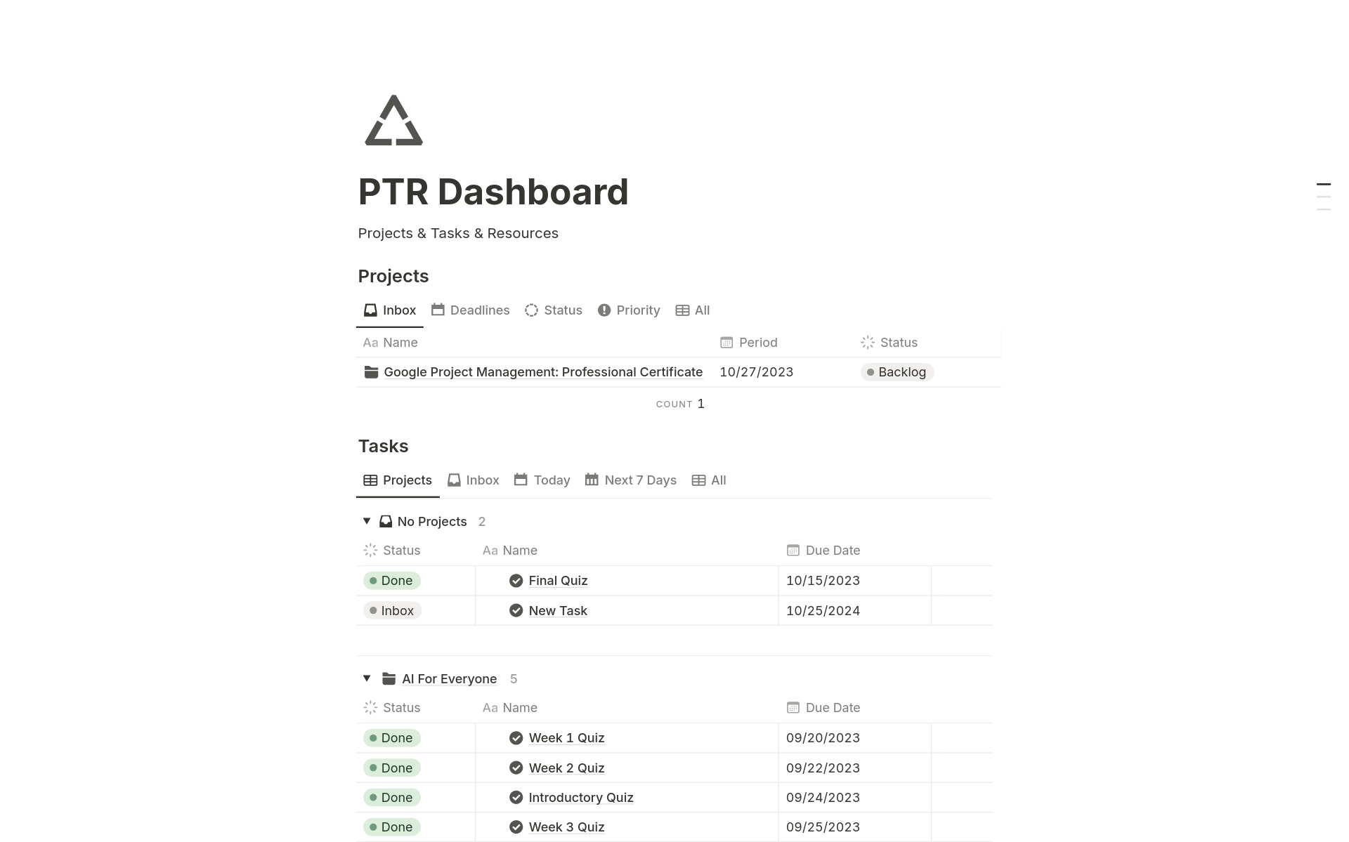 Ptr dashboard template by oliver notion marketplace
