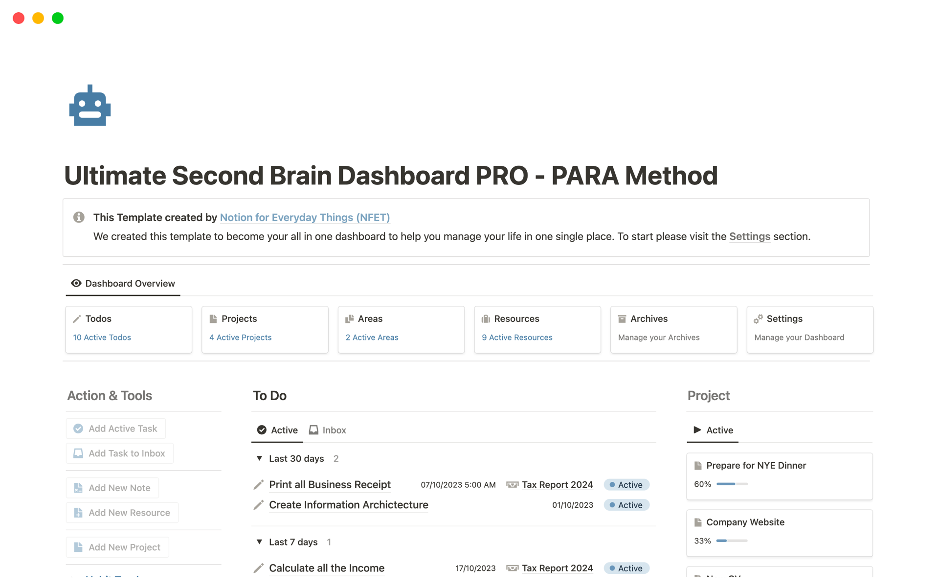 Uma prévia do modelo para Ultimate Second Brain Dashboard PRO - PARA Method