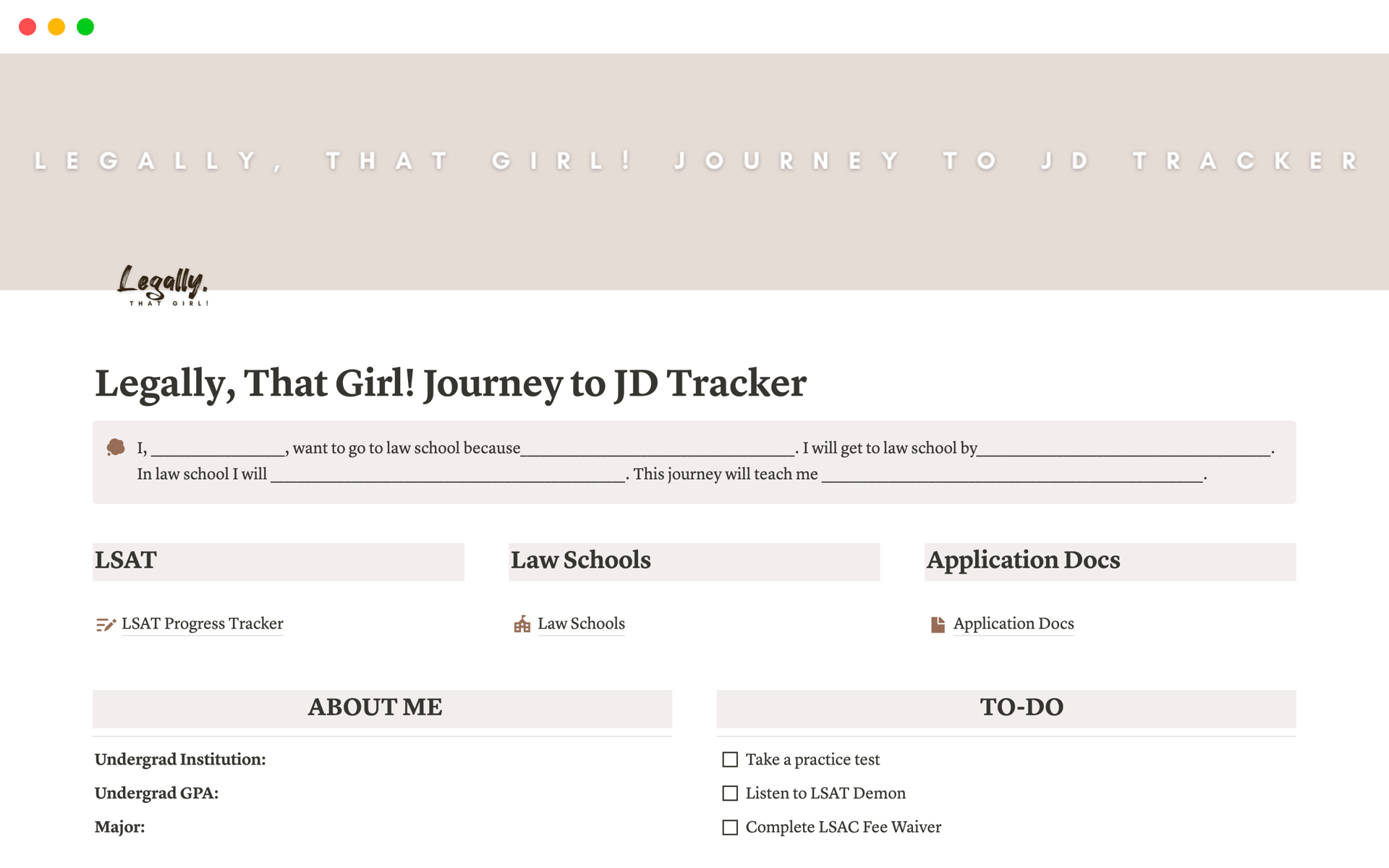 A template preview for Legally, That Girl! Journey to JD Tracker