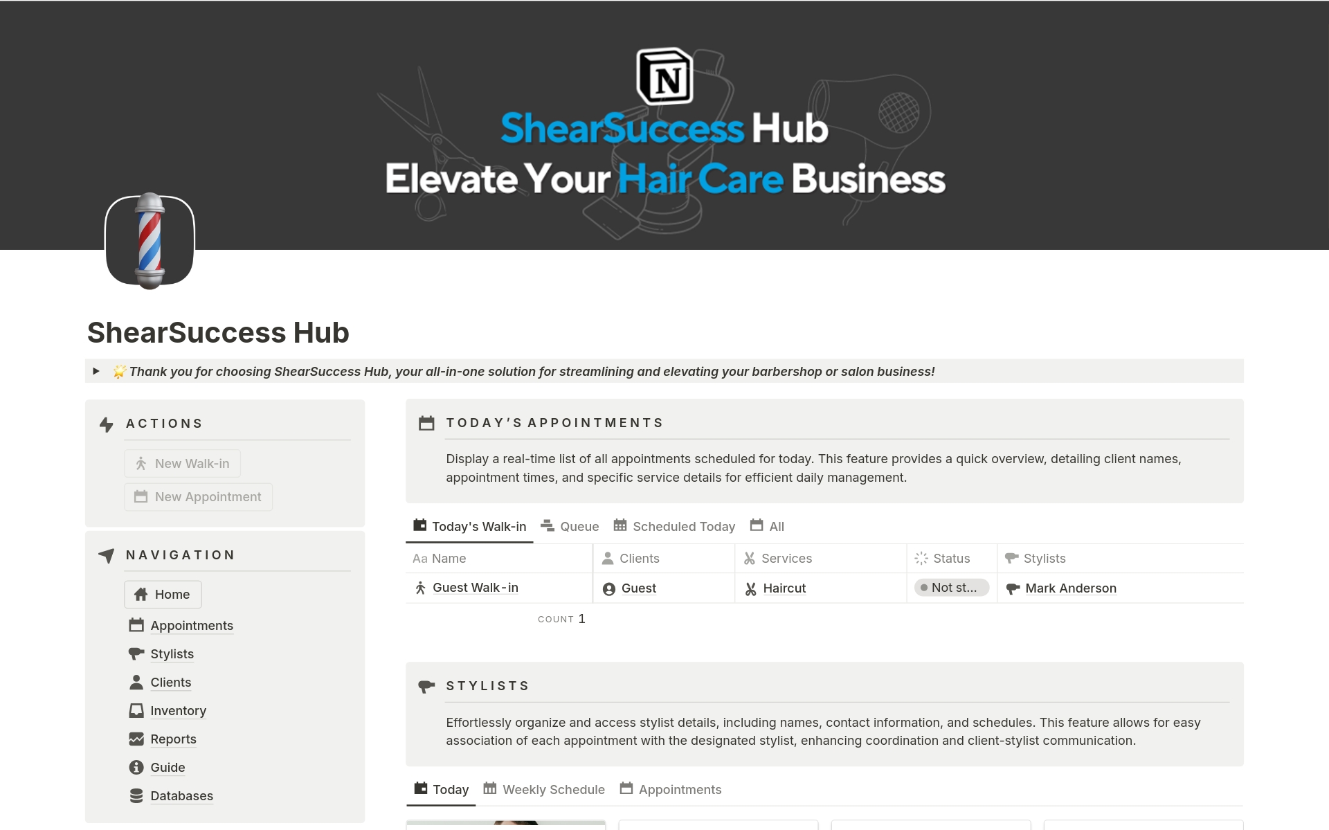 All-in-one Notion template designed to revolutionize the way you manage appointments, track inventory, and gain valuable insights into your Barbershop or Salon operations.