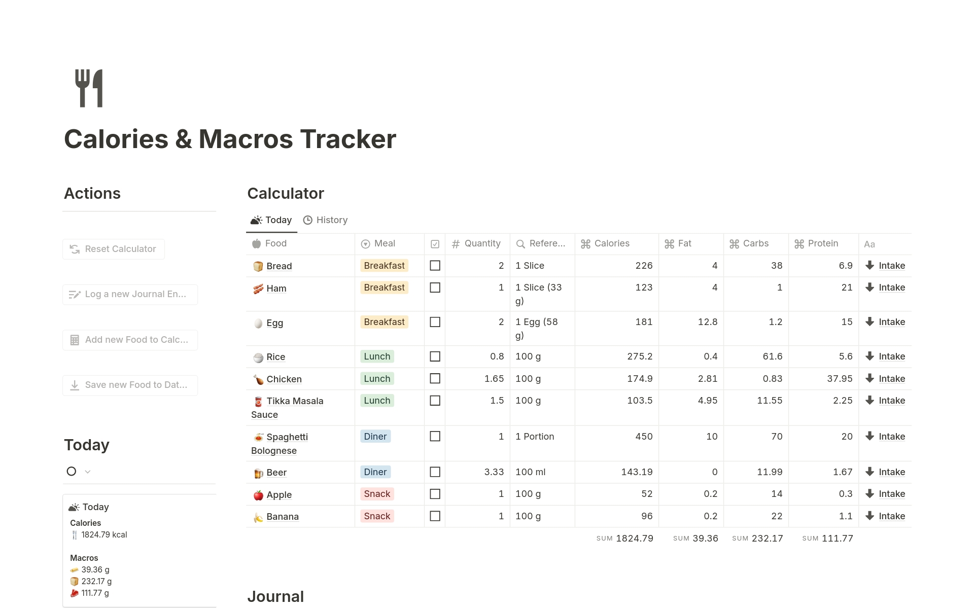 Uma prévia do modelo para Calories & Macros Tracker