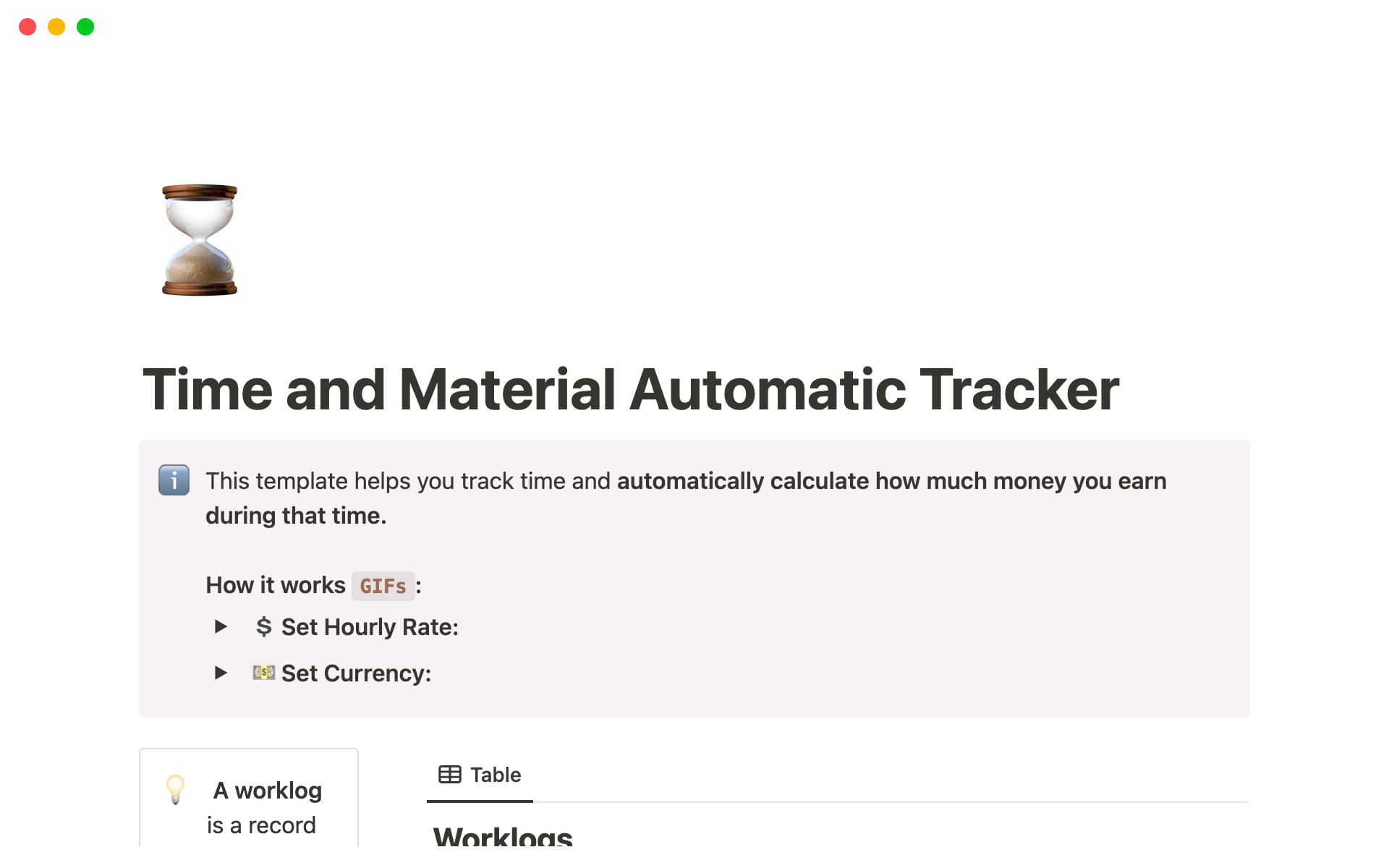 A template preview for Time and Material Automatic Tracker