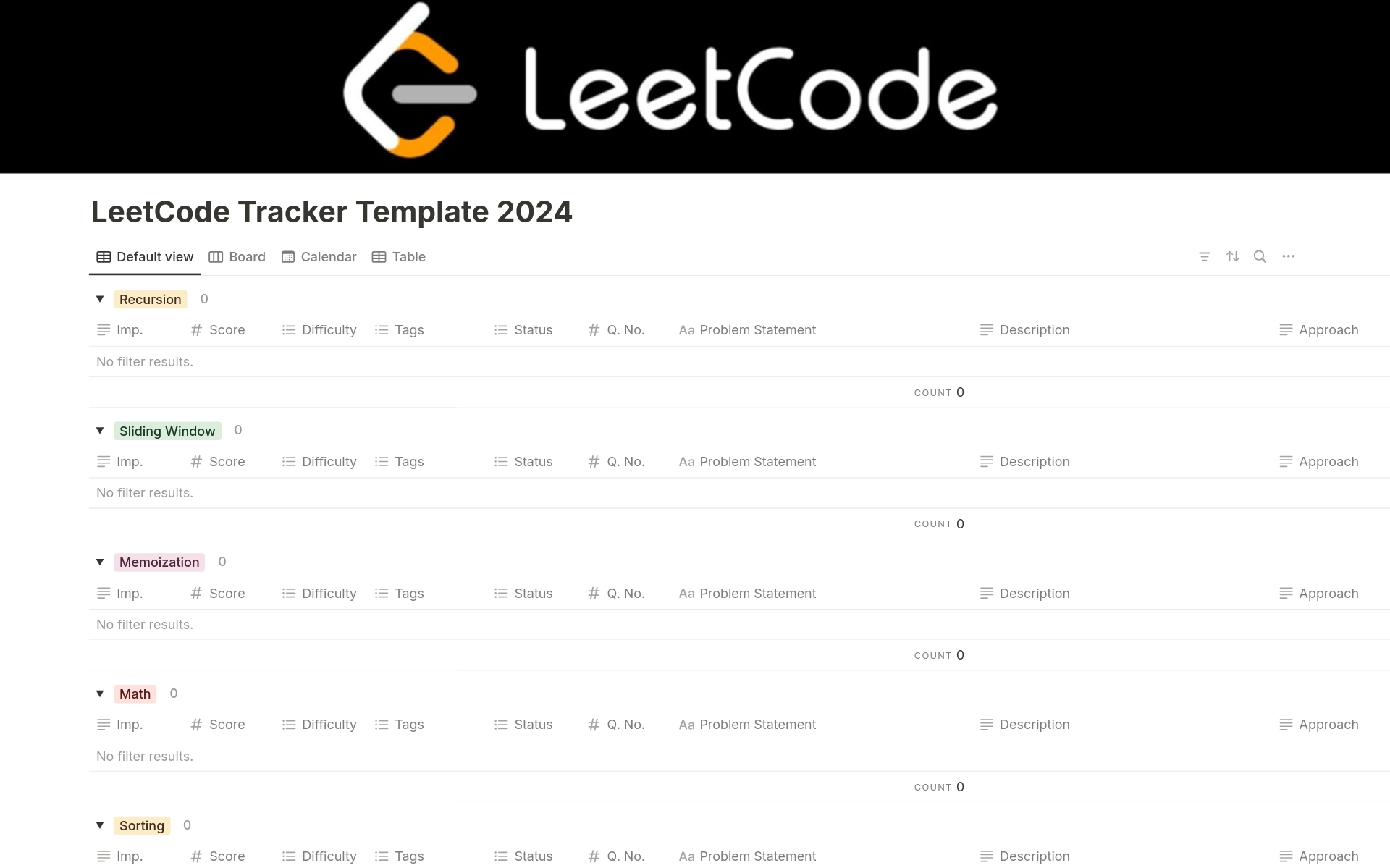 A template preview for Leetcode Tracker 2024