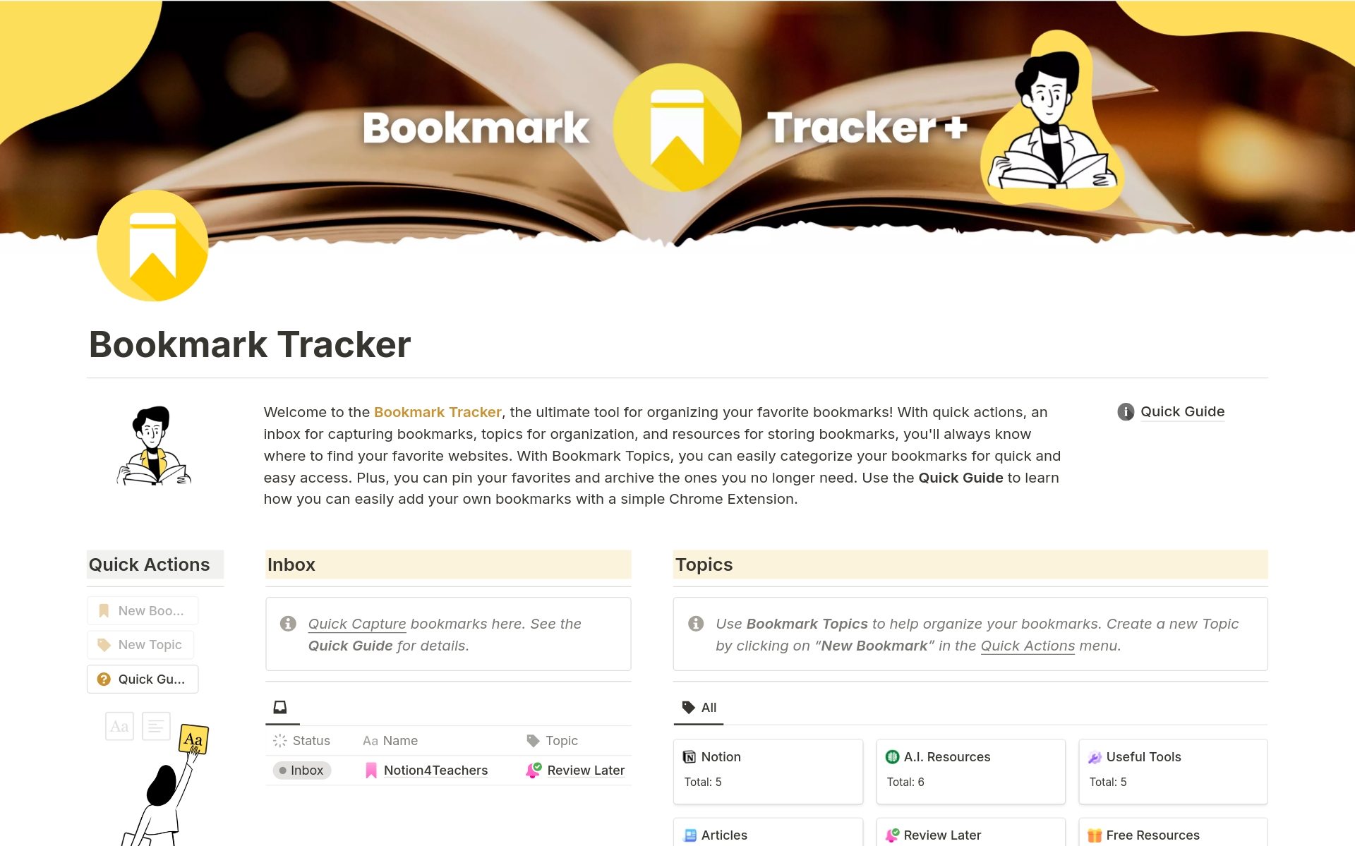 Vista previa de una plantilla para Bookmark Tracker
