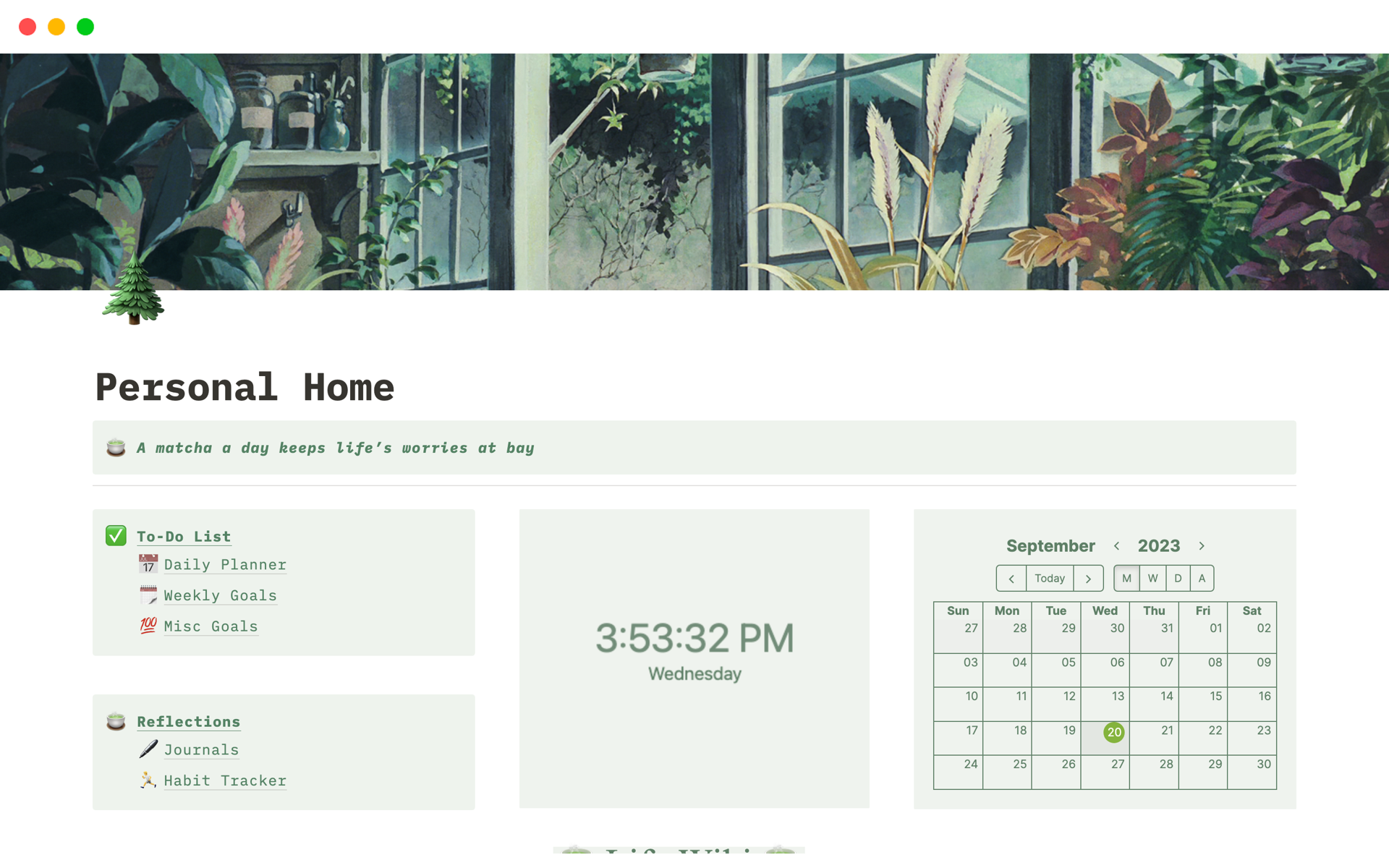 Eine Vorlagenvorschau für Chill Green Personal Home Dashboard