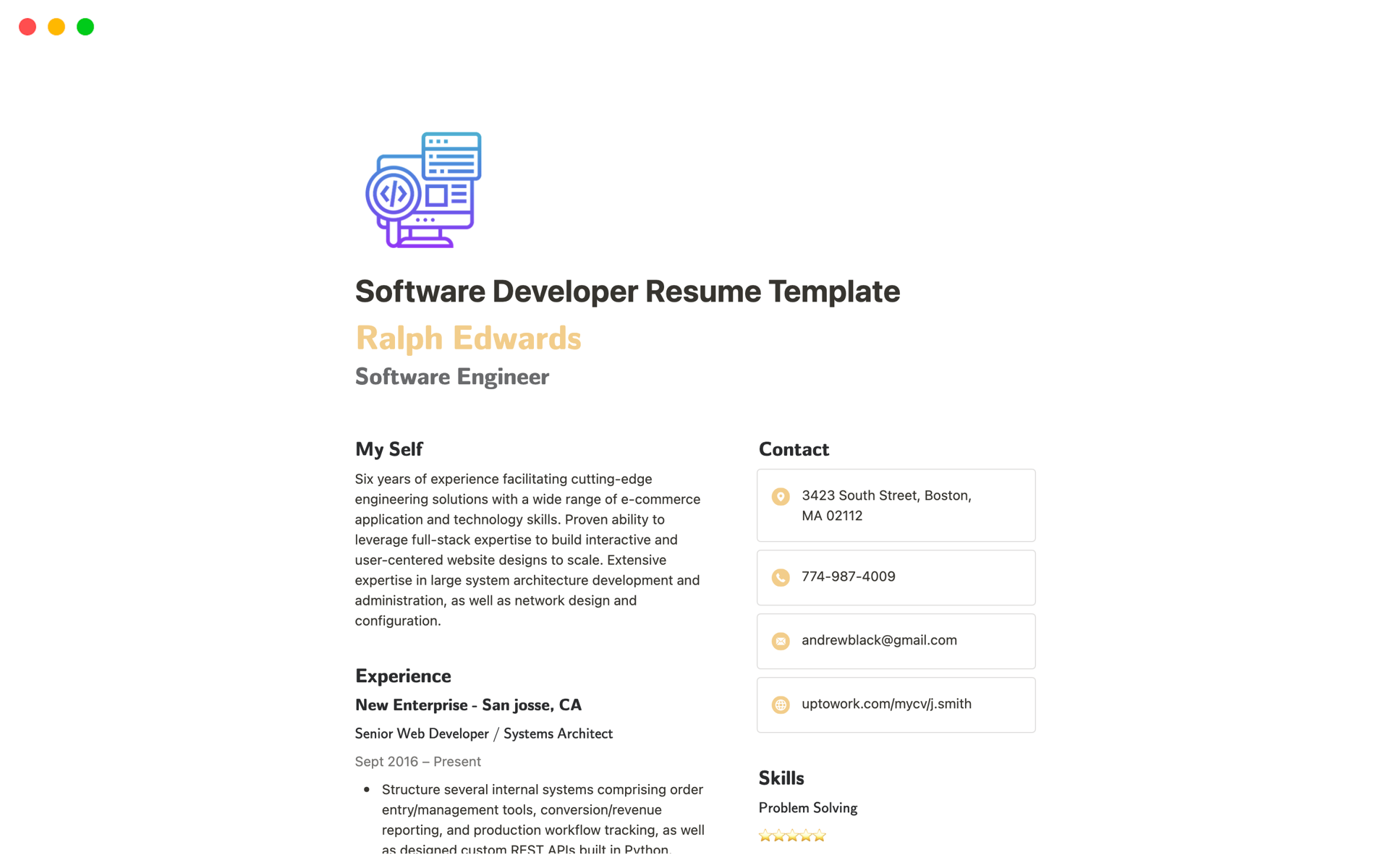 Eine Vorlagenvorschau für Software Developer Resume