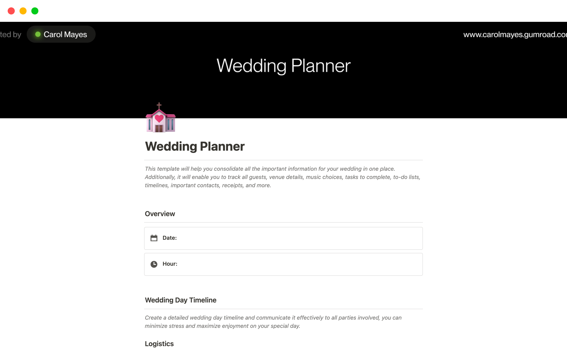 Vista previa de una plantilla para Wedding Planner