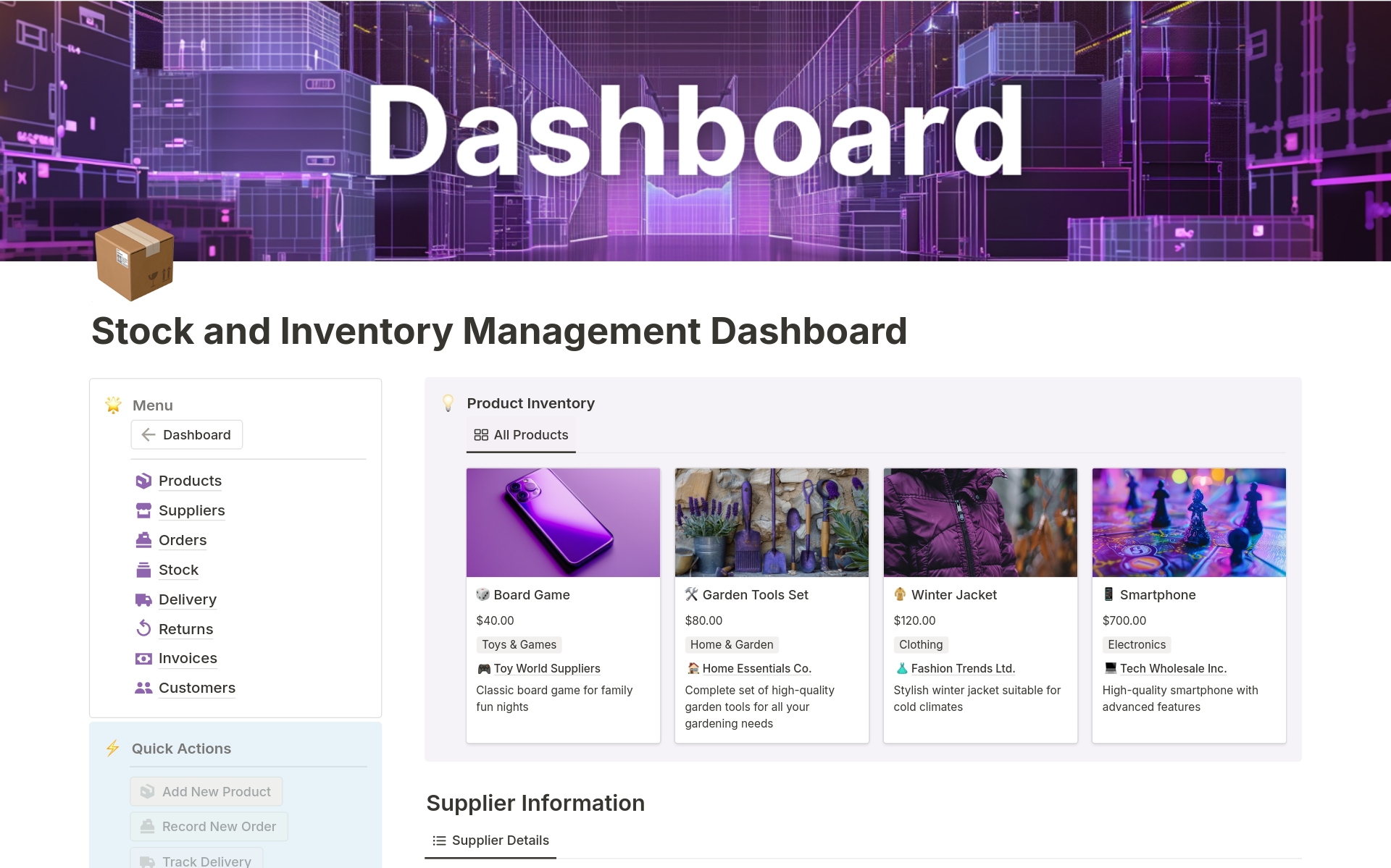 A template preview for Stock and Inventory Management