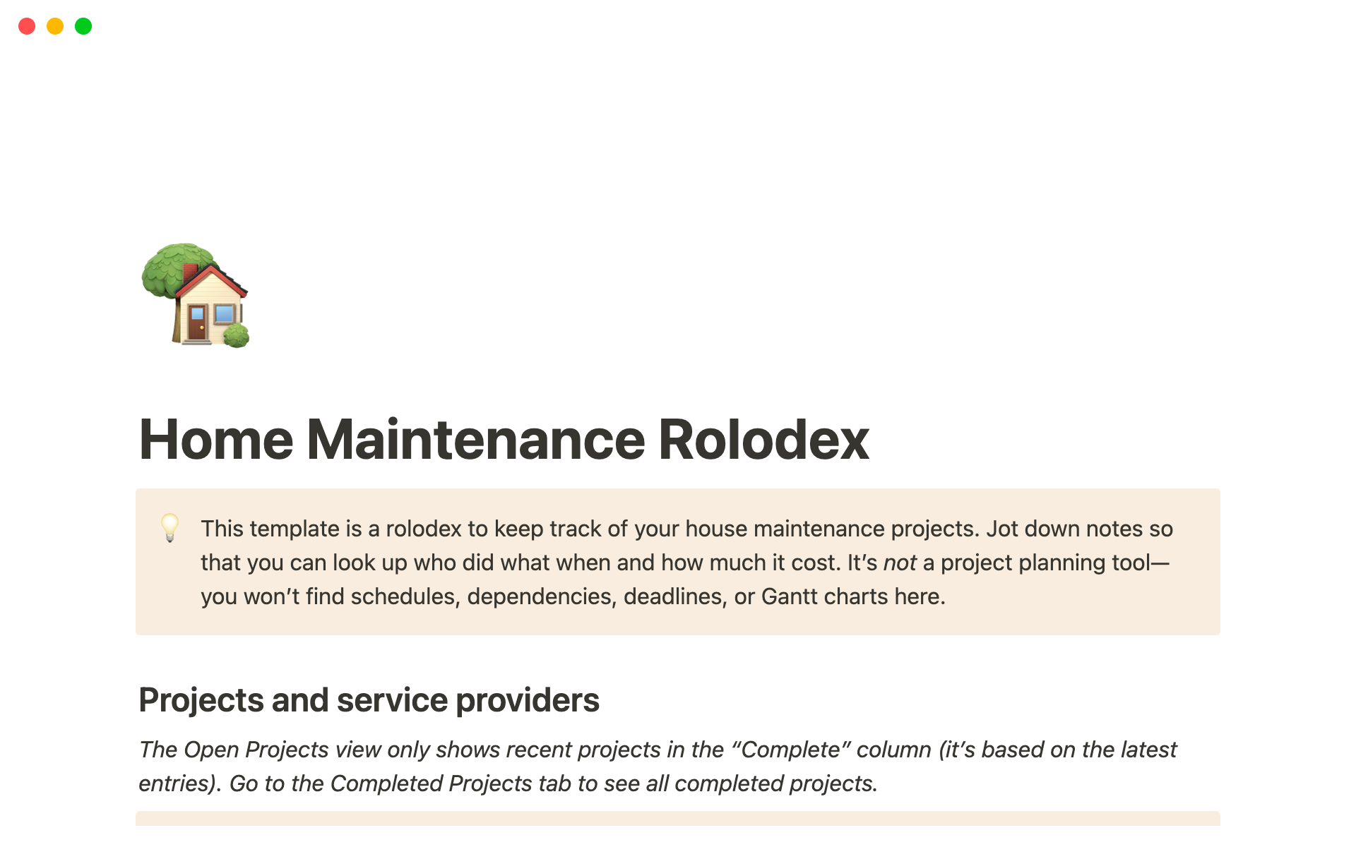A template preview for Home maintenance rolodex