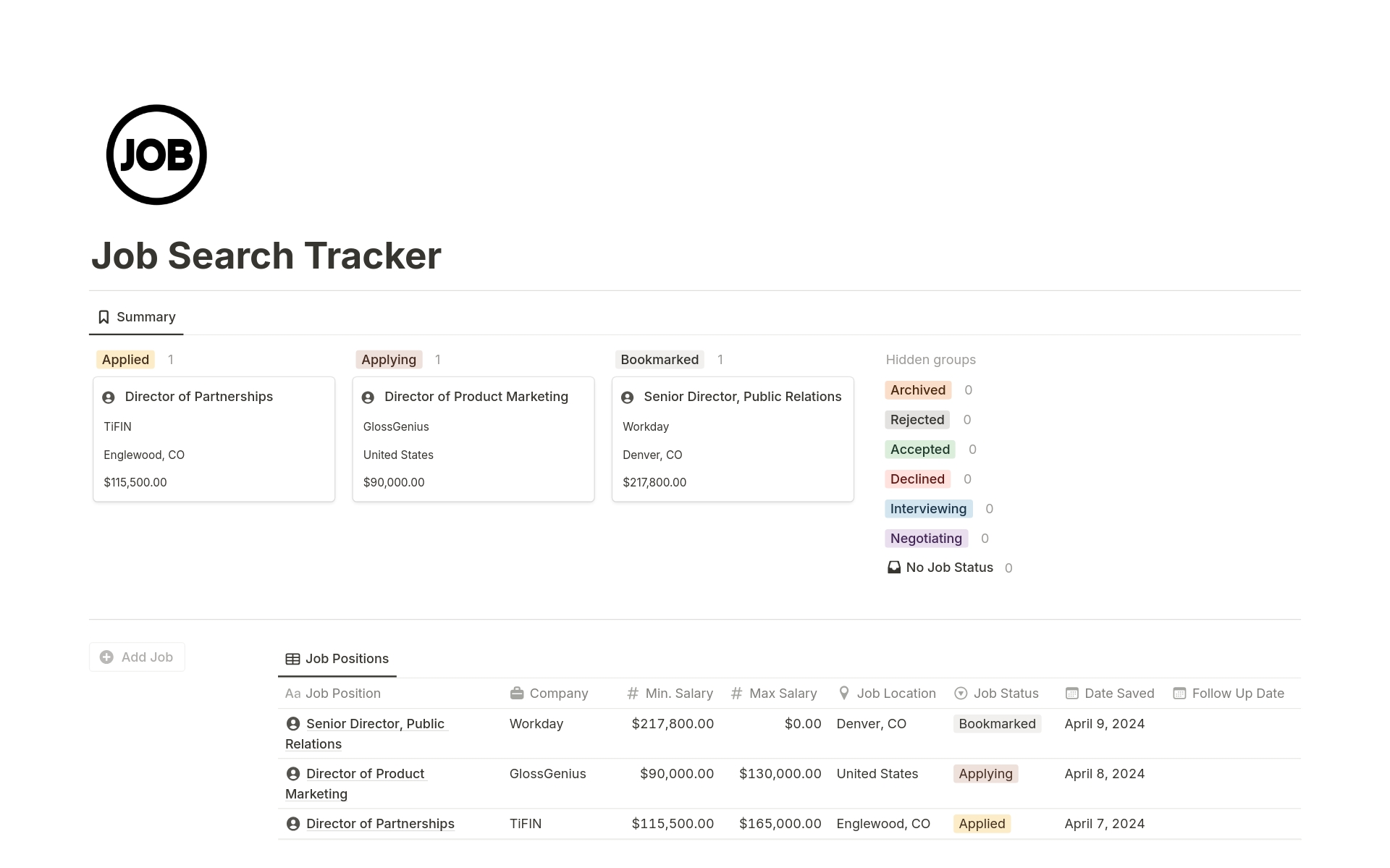 This job search tracker template is a well organized tool for people to track their job hunt details, add job details, enter key contact information and much more.