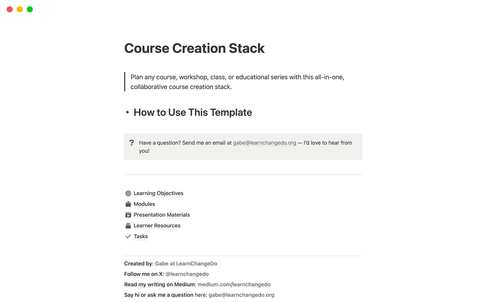 A template preview for Course Creation Stack