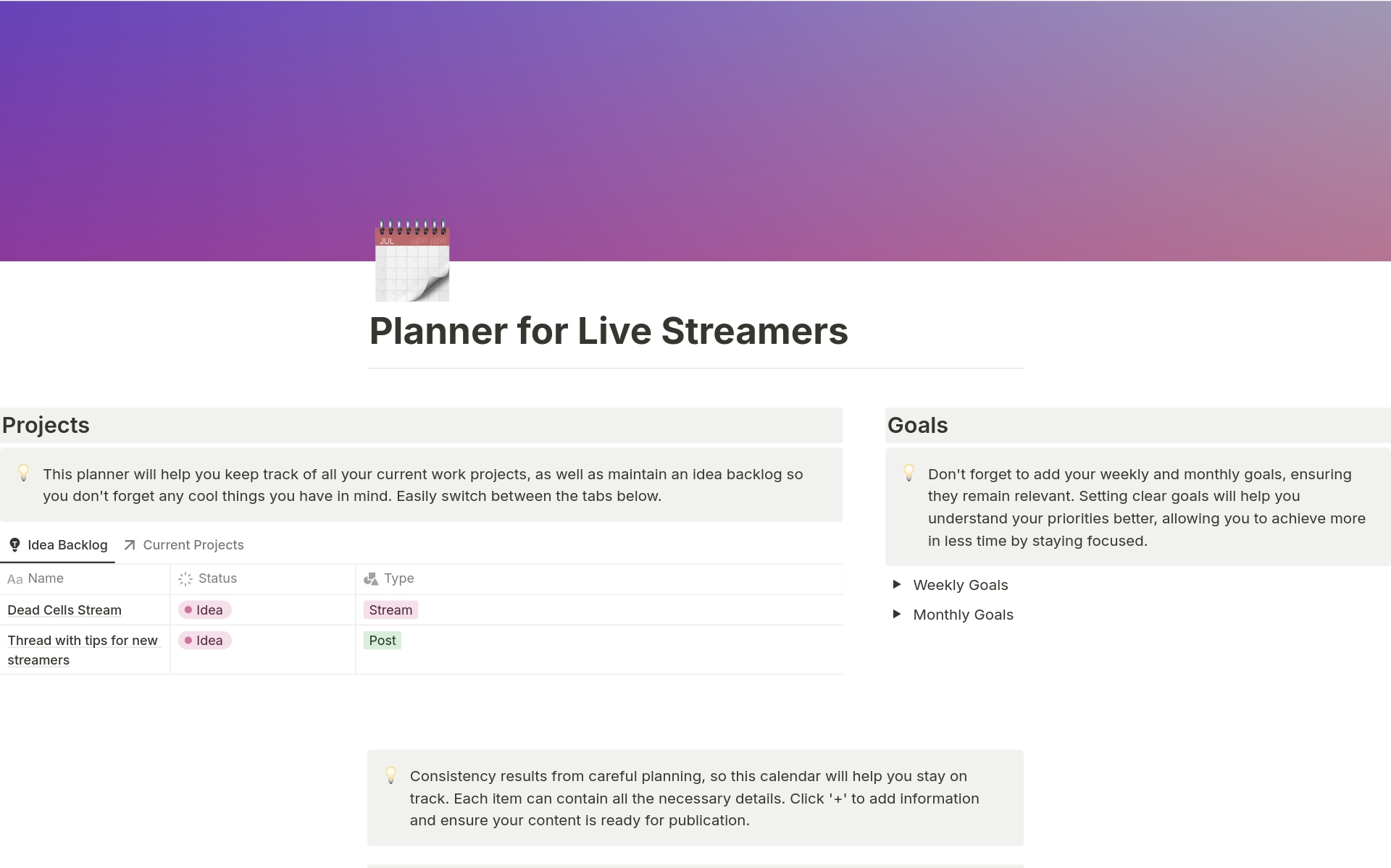 Discover our easy-to-use planner, tailored for live streamers and content creators. It combines project tracking, idea backlog, and monthly/weekly goals with a comprehensive content planner. Streamline your workflow effortlessly with this all-in-one template.