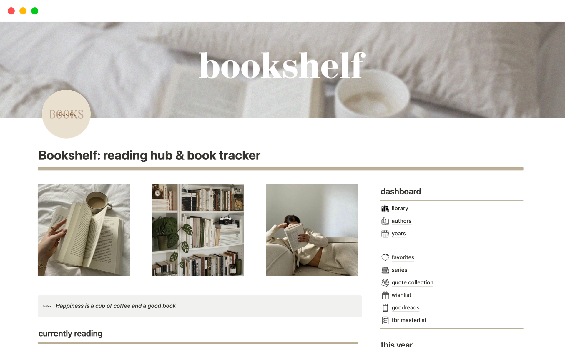 A template preview for Bookshelf: reading hub & book tracker