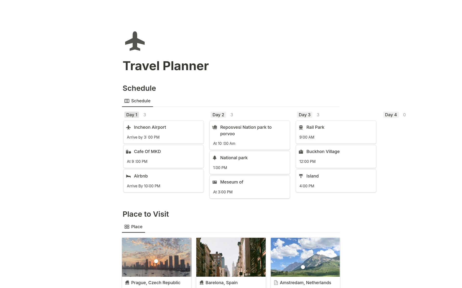 Travel Planner のテンプレートのプレビュー