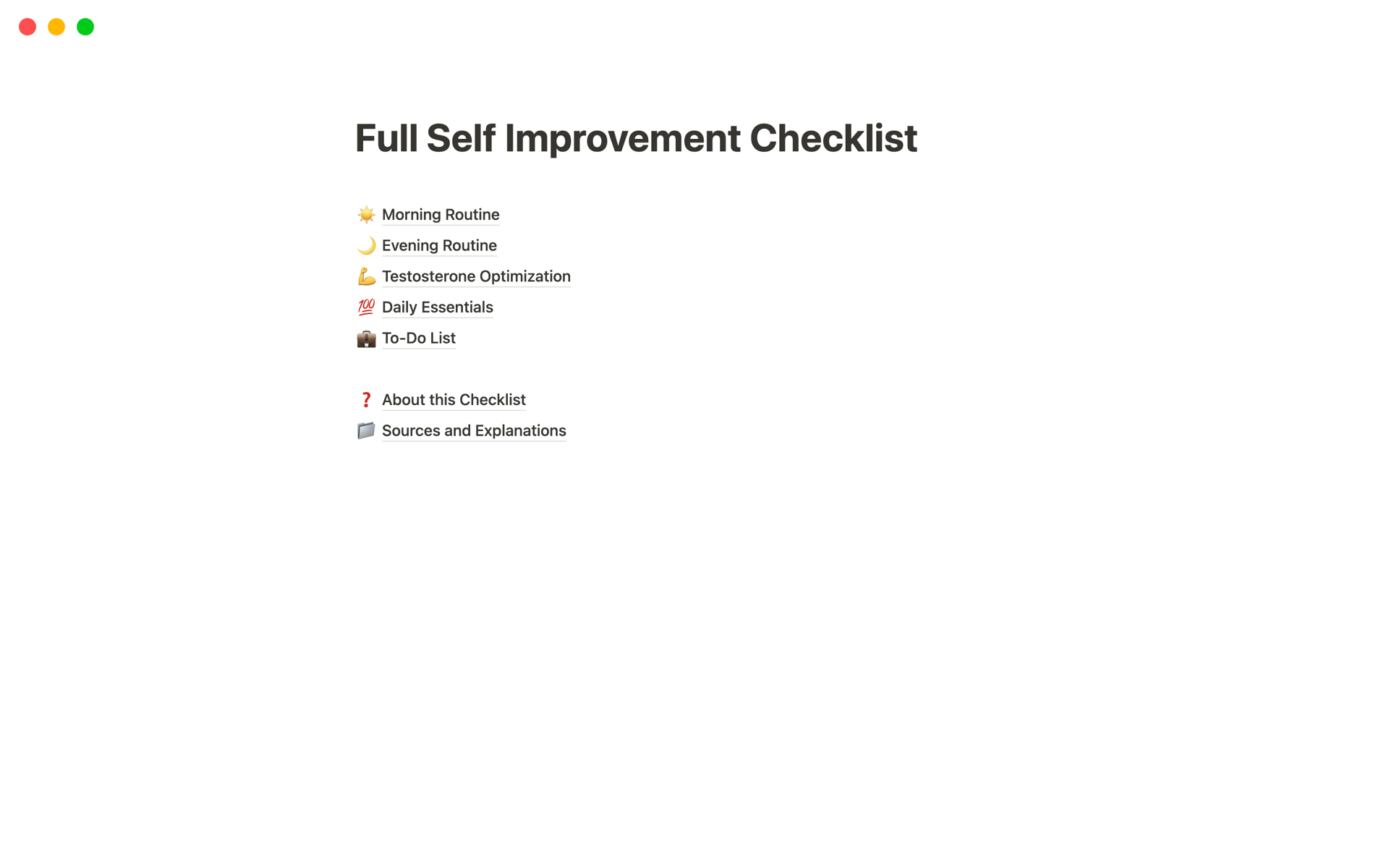 A template preview for Full Self Improvement Checklist