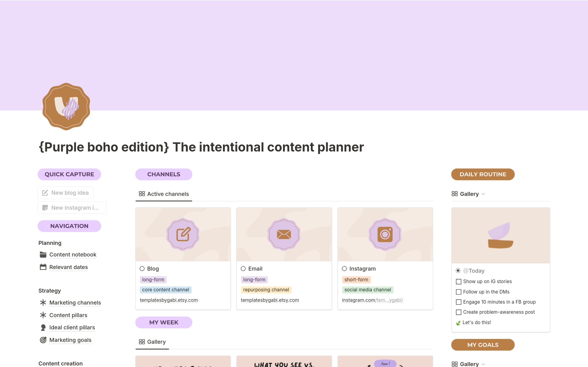 This Notion template is your all-in-one content planner, designed to help your streamline your content creation process - plan, create and manage all of your content in one place and keep your organized and productive