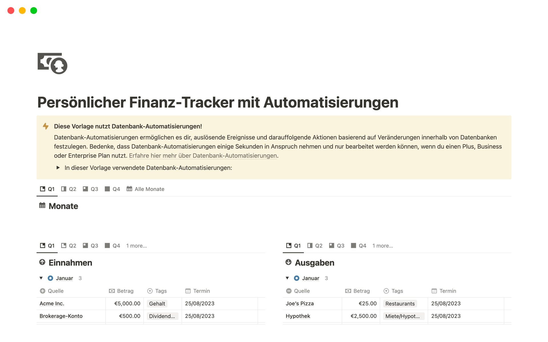 Eine Vorlagenvorschau für Persönlicher Finanz-Tracker mit Automatisierungen