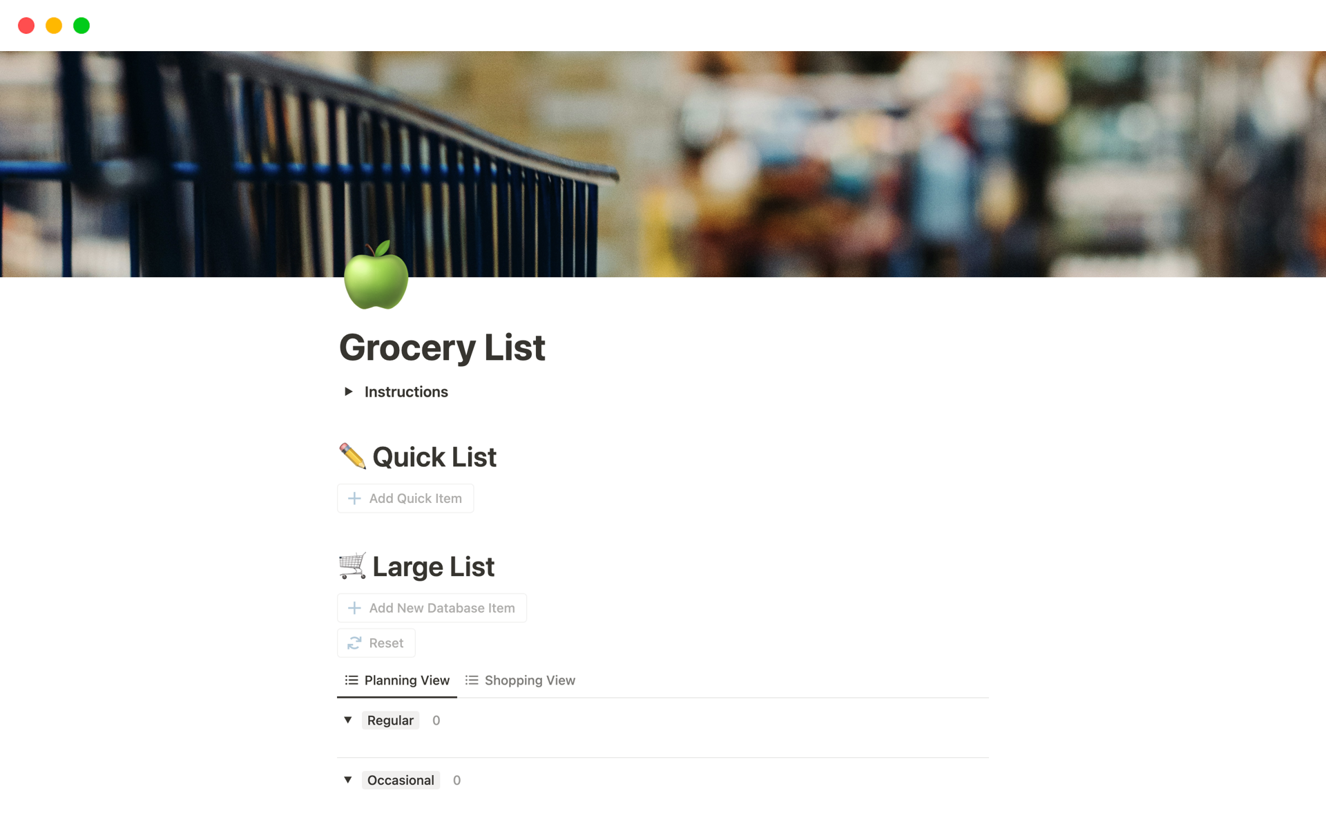 A template preview for Grocery List