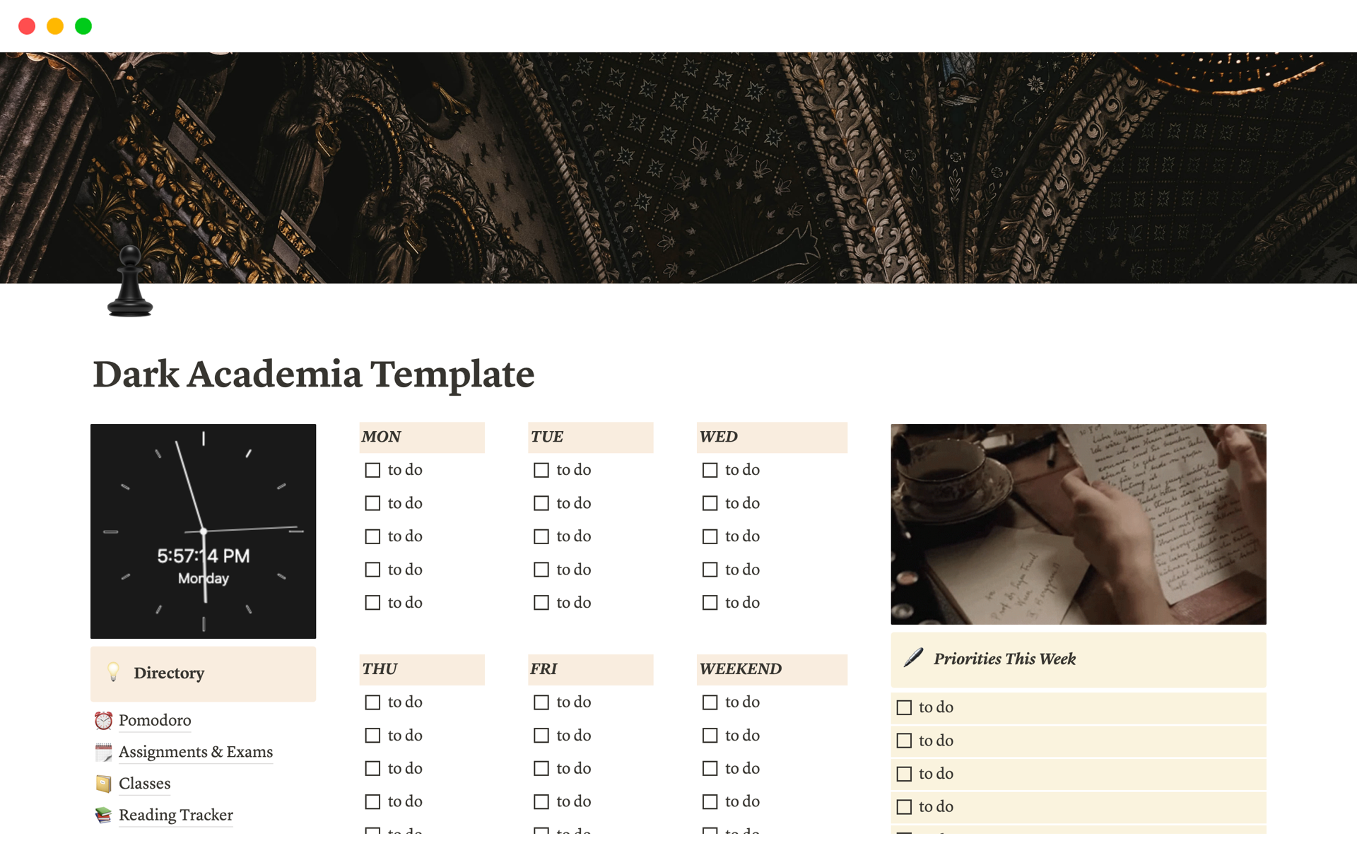 Vista previa de una plantilla para Student Planner Notion Template [Dark Academia]