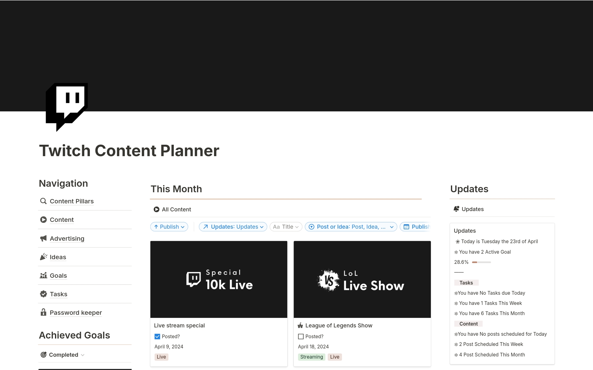 Notion Template Twitch Content Creator Planner
