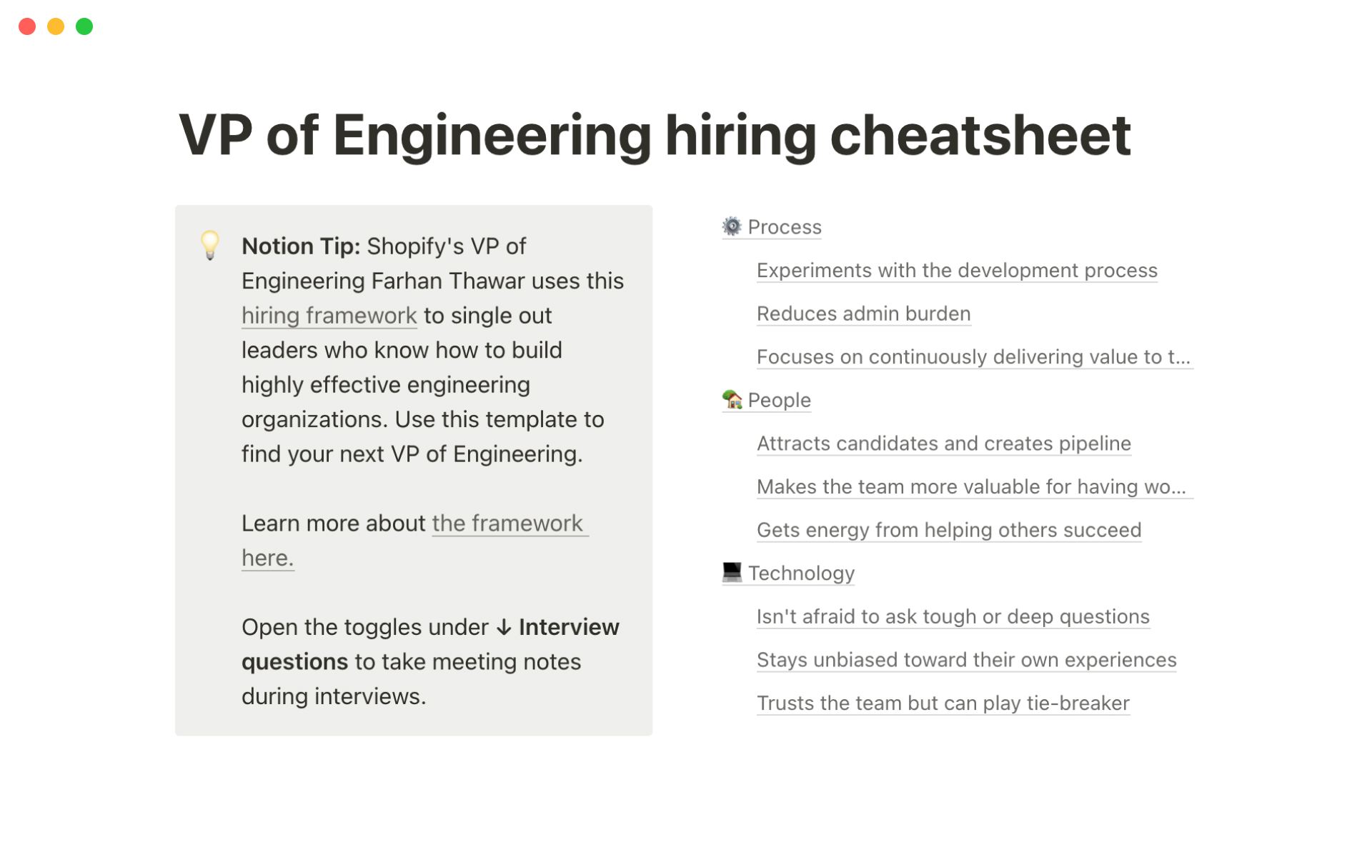 Vista previa de una plantilla para Shopify's VP of Engineering hiring cheatsheet