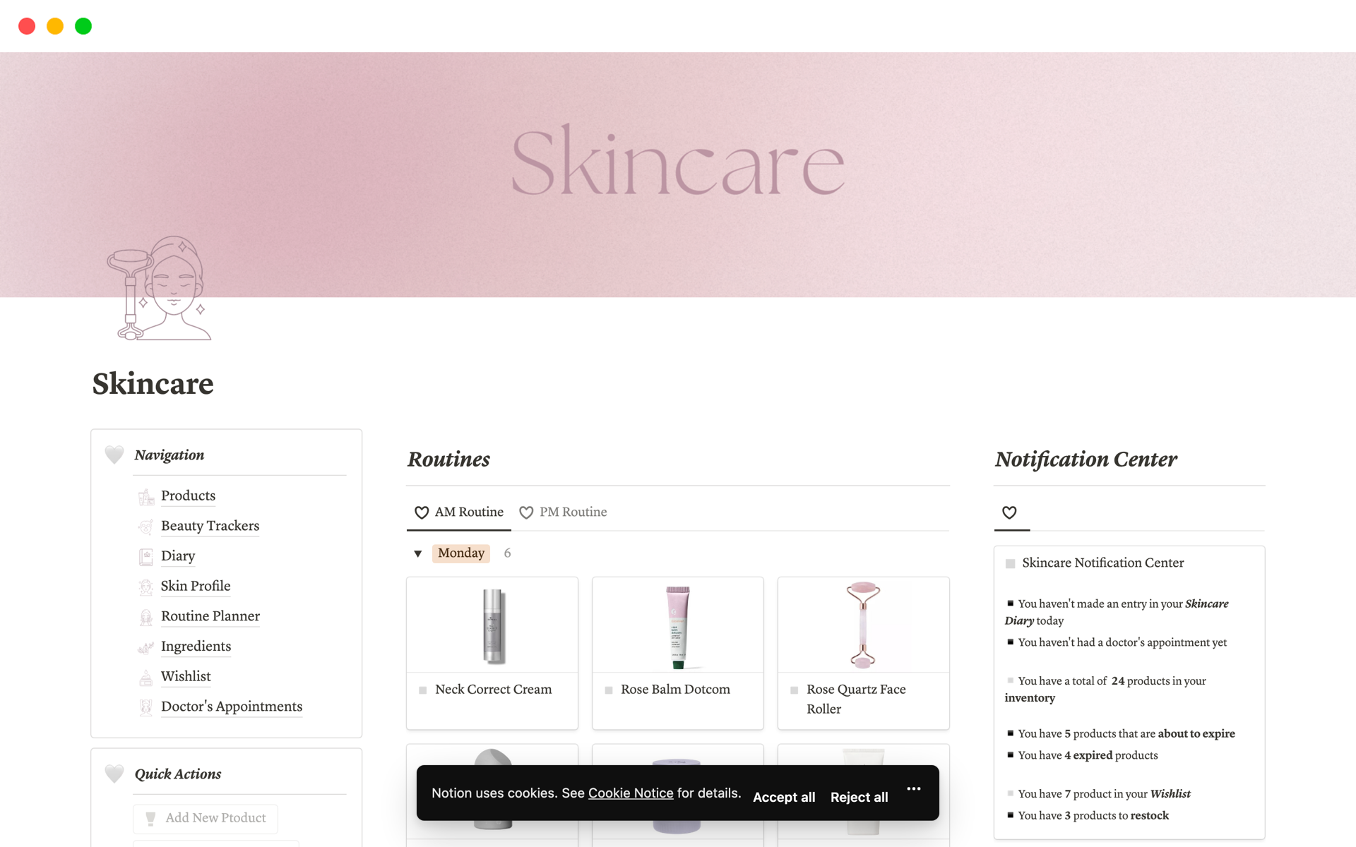 Eine Vorlagenvorschau für Skincare Planner | Beauty Tracker
