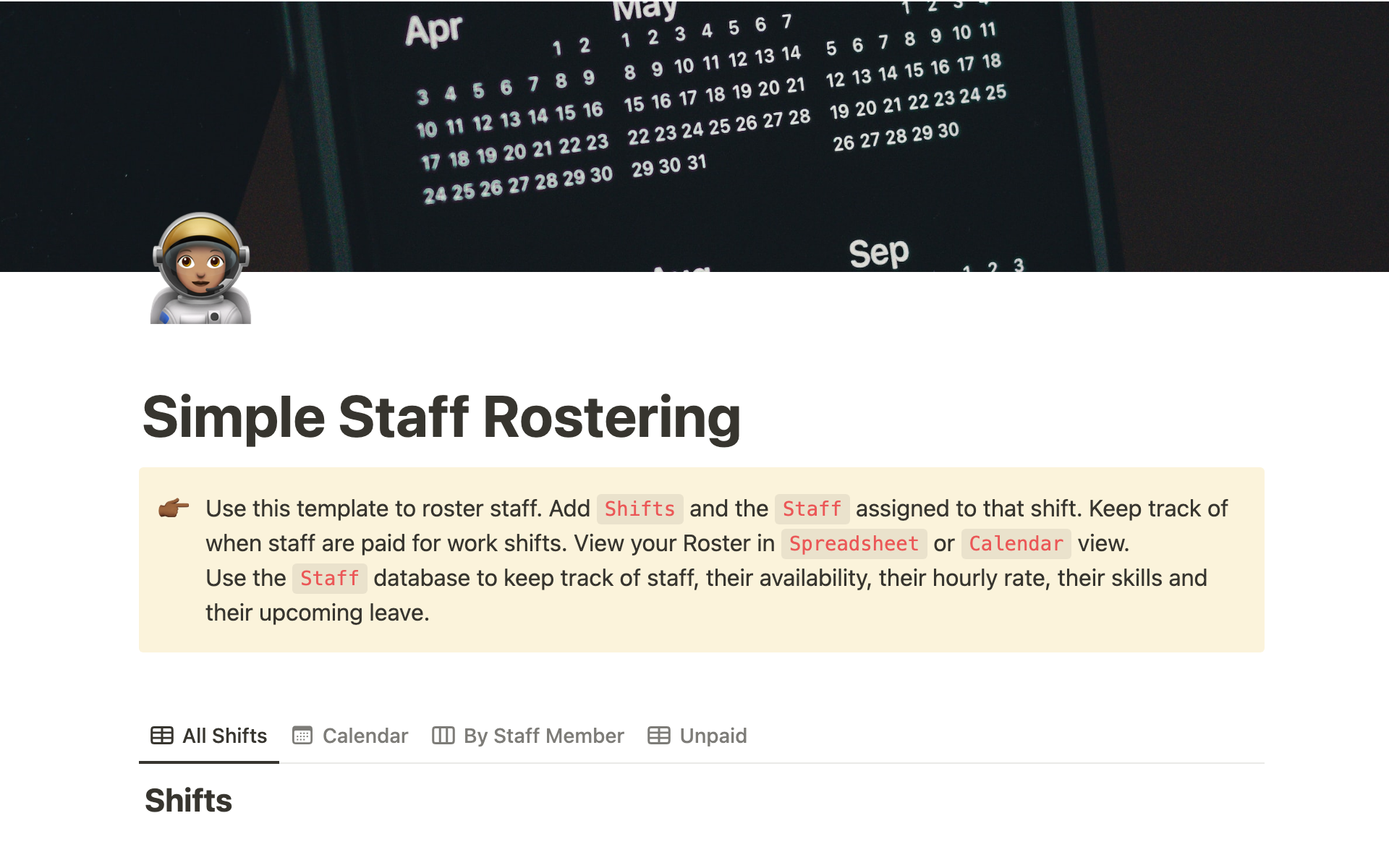 A template preview for Simple Staff Rostering Template