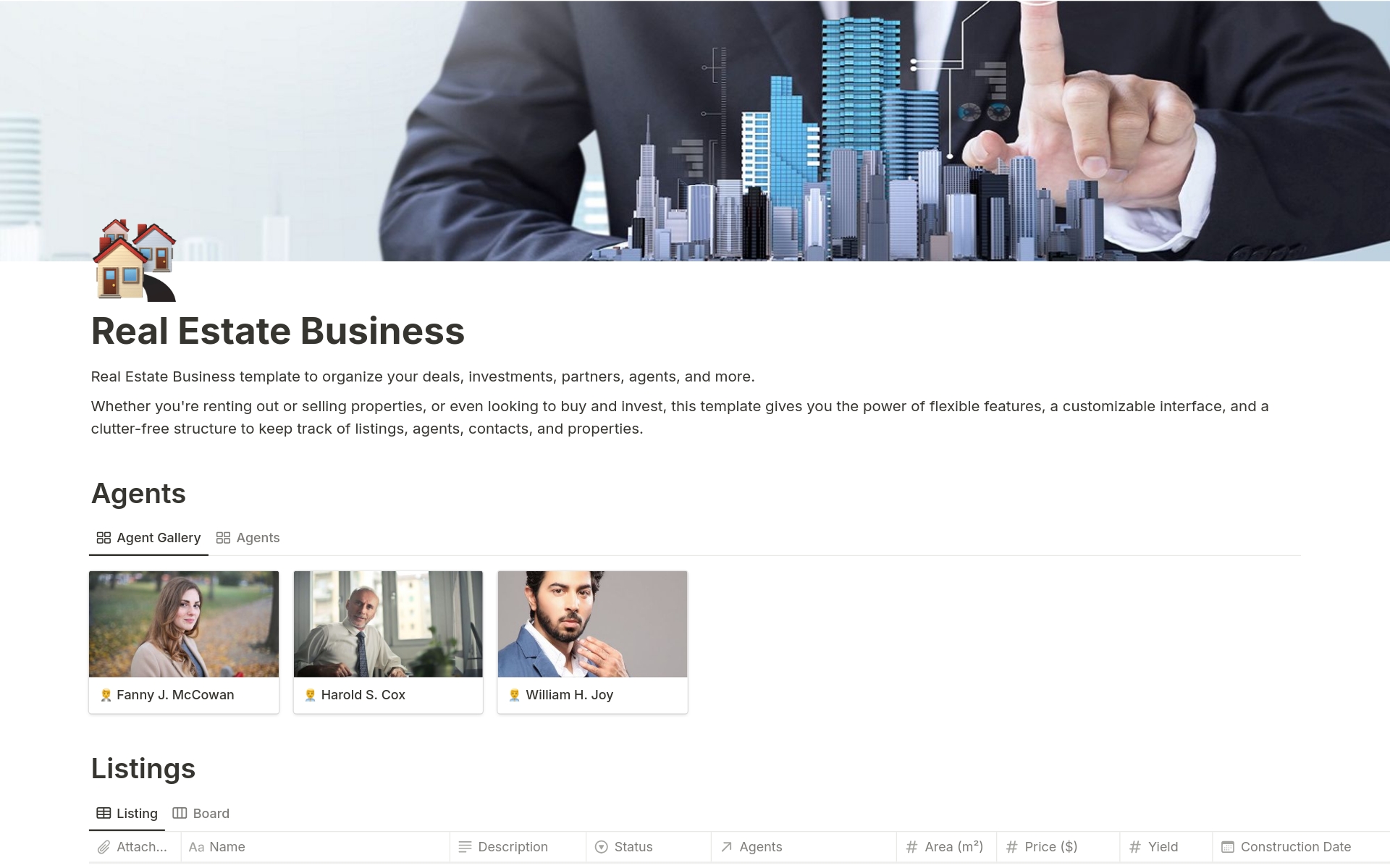Real Estate Business template to organize your deals, investments, partners, agents, and more.
