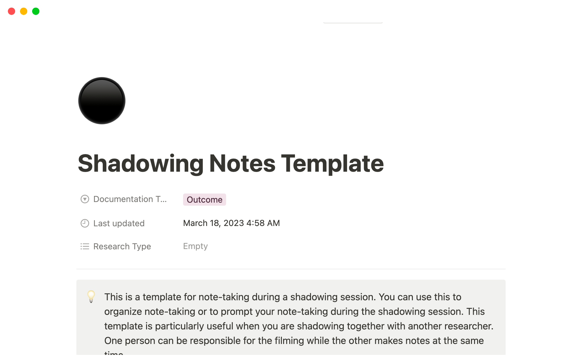 Vista previa de plantilla para Shadowing Notes Template