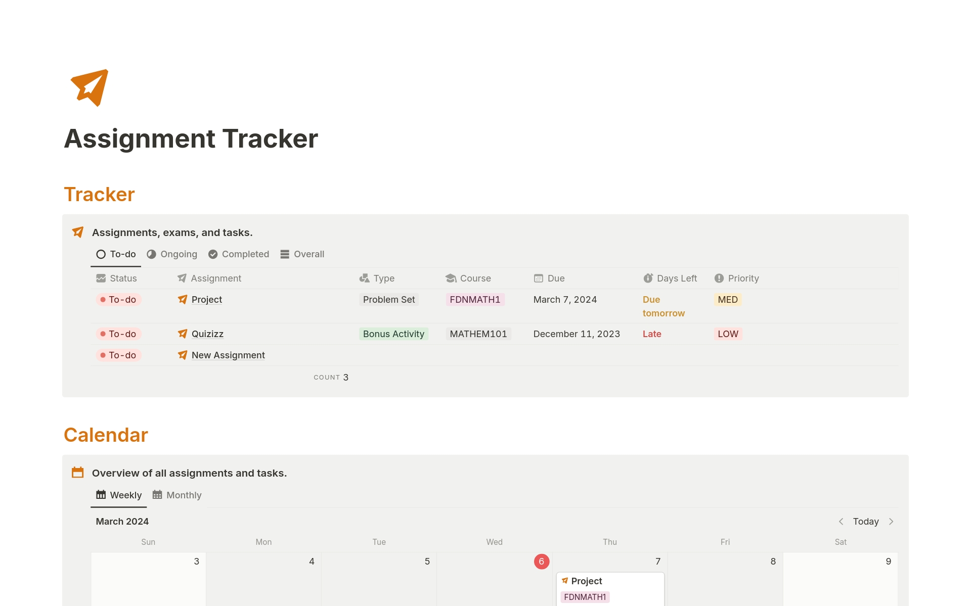A template preview for Assignment Tracker