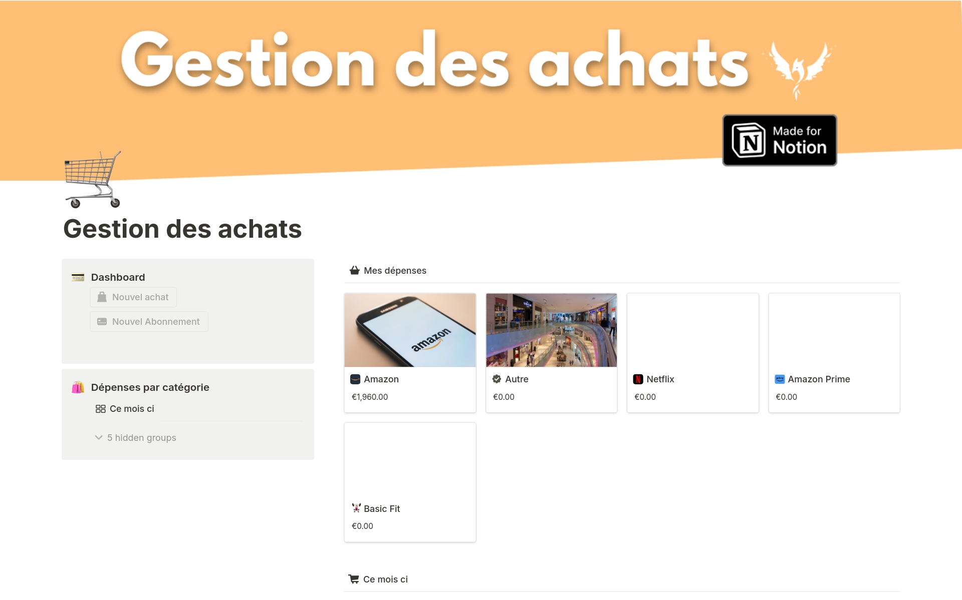 A template preview for Gestion des achats