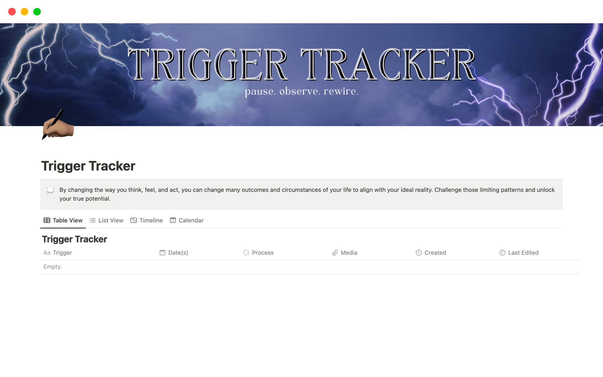 En forhåndsvisning av mal for Trigger Tracker