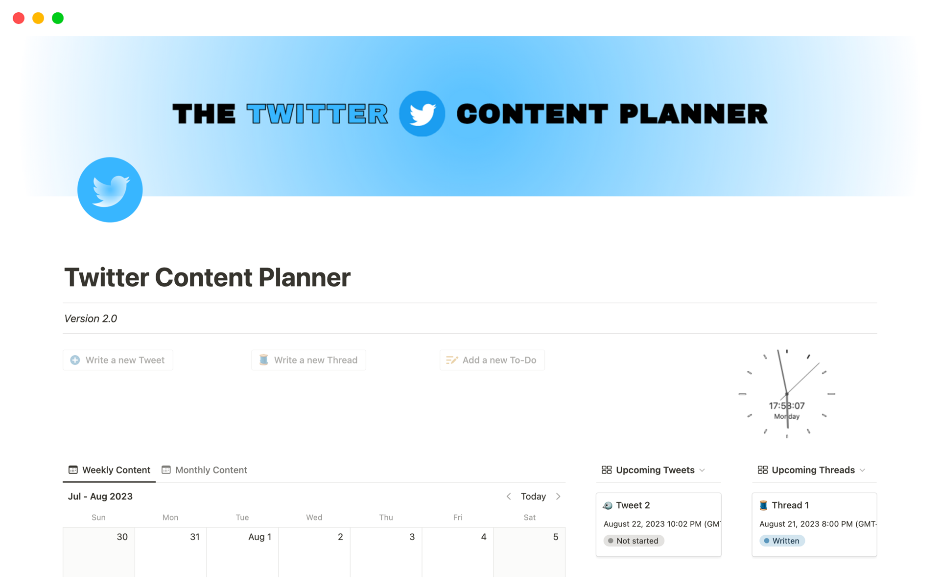 A template preview for Twitter Content Planner