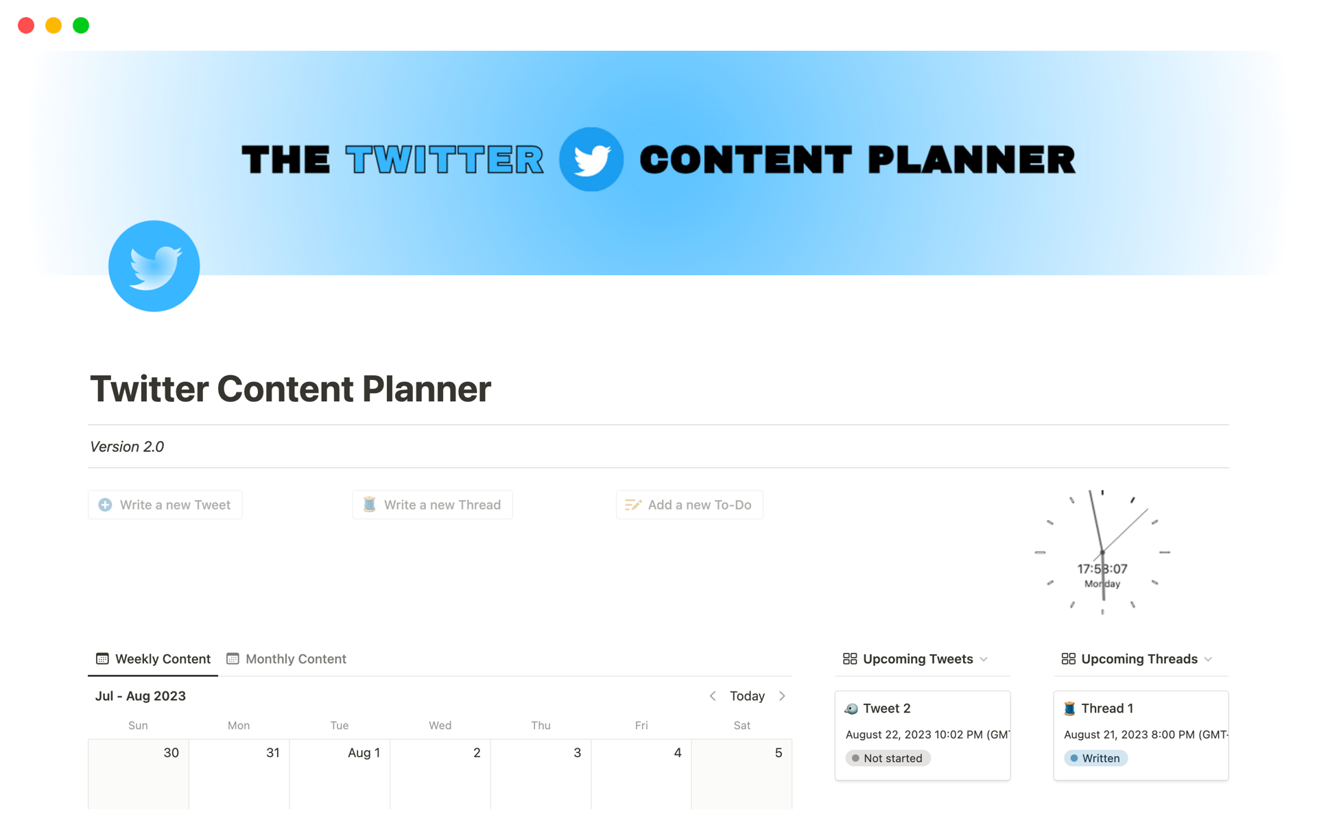 Vista previa de una plantilla para Twitter Content Planner