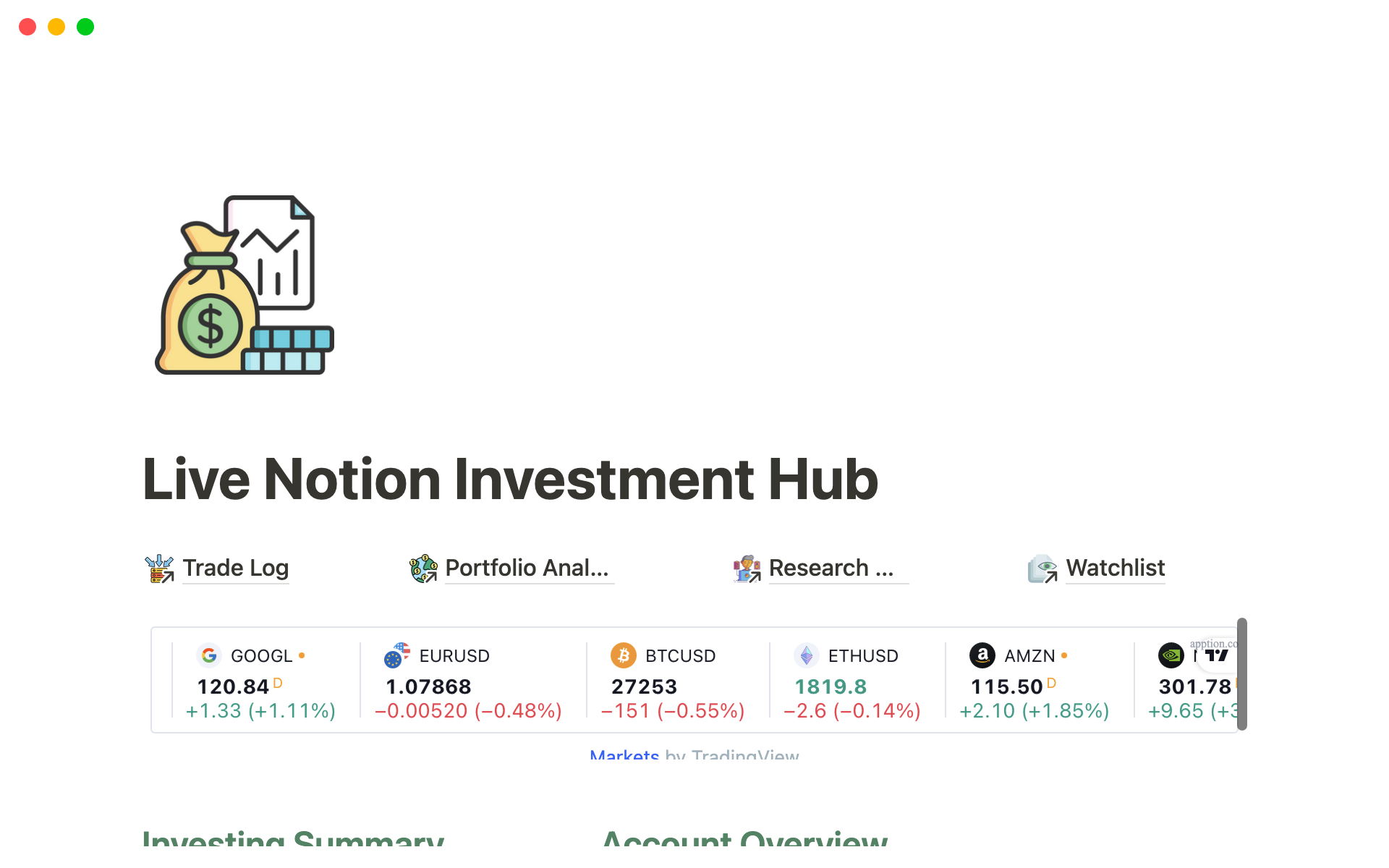A template preview for The Live Notion Investment Hub (w/ AI and Automation)