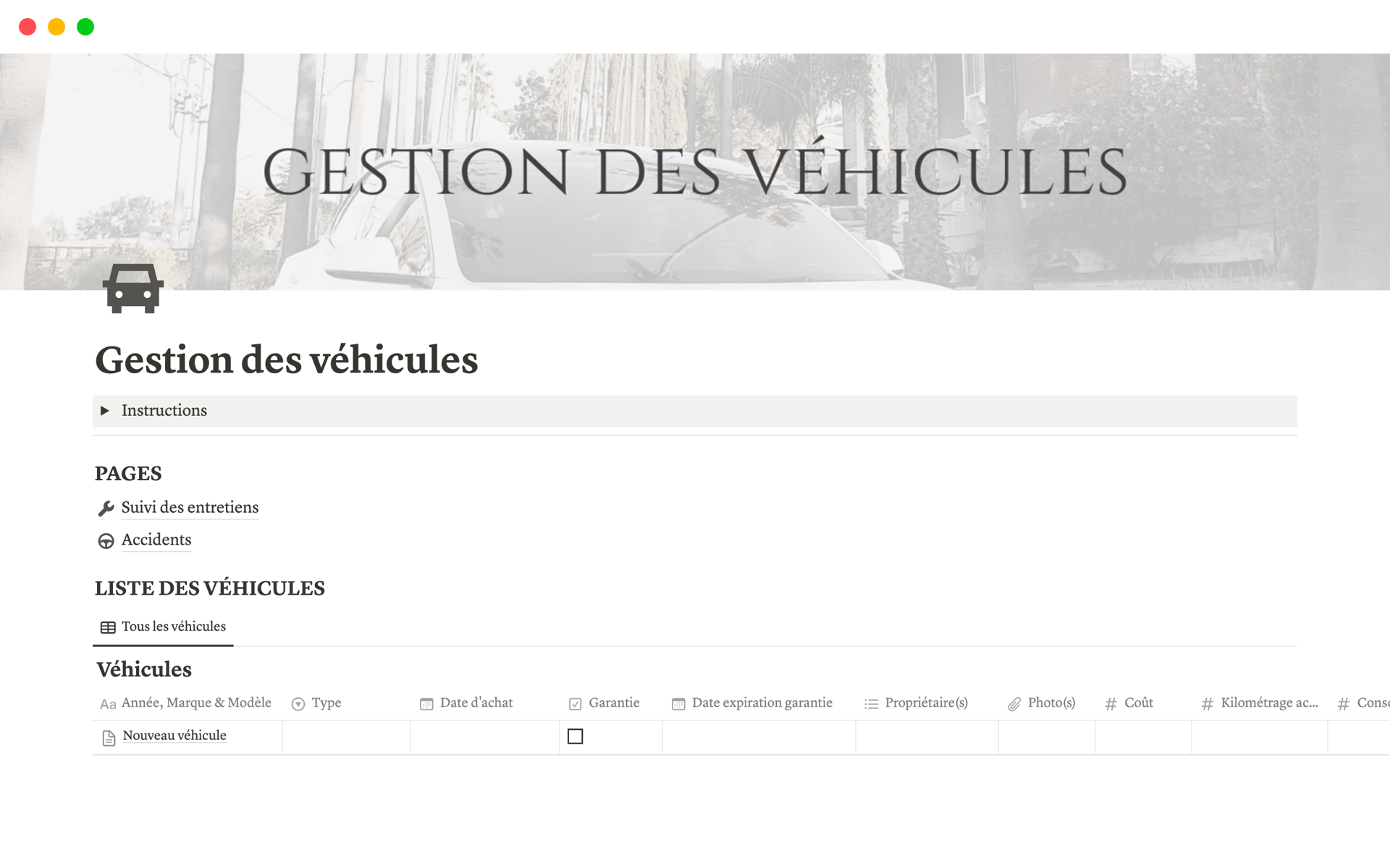 A template preview for Gestion des véhicules